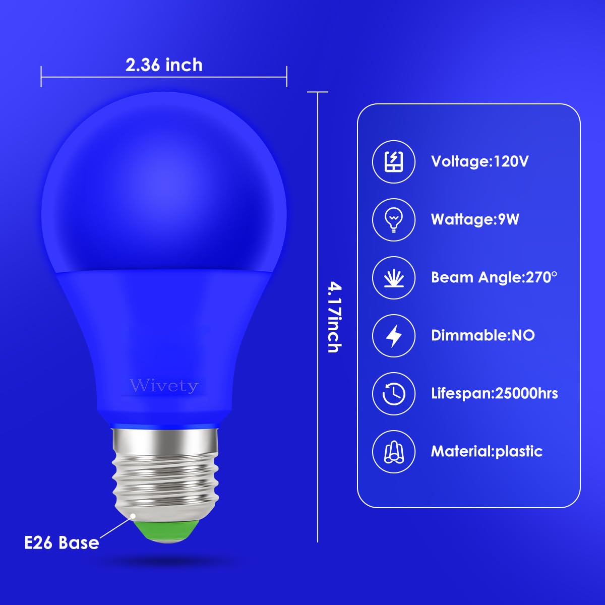 Wivety Blue Light Bulb, A19 E26 Base, 9W Led Blue Lightbulbs For Outdoor Porch, Indoor Party Decoration, Holiday Lighting, Hallo