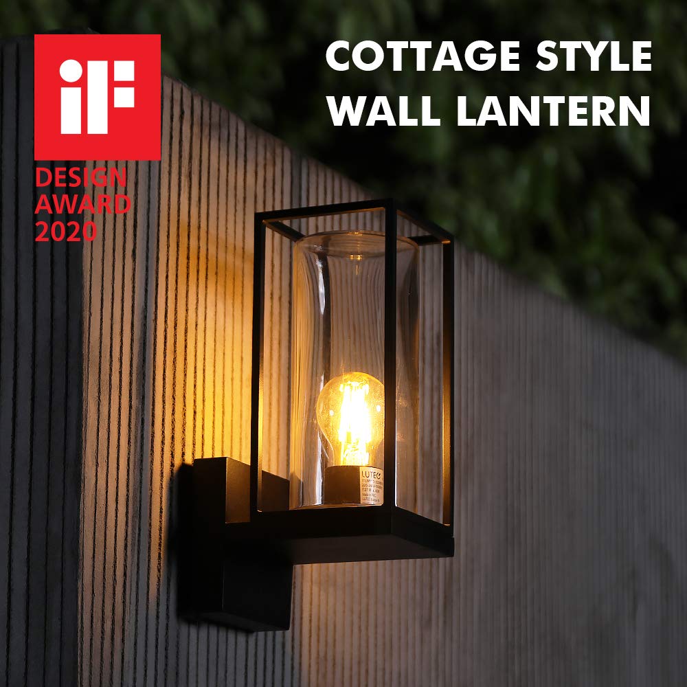LUTEC Flair Outdoor LED Wall Sconce, Matte Black, Aluminum, Model 5288801012, Clear Glass Shade, Porch Light Fixture
