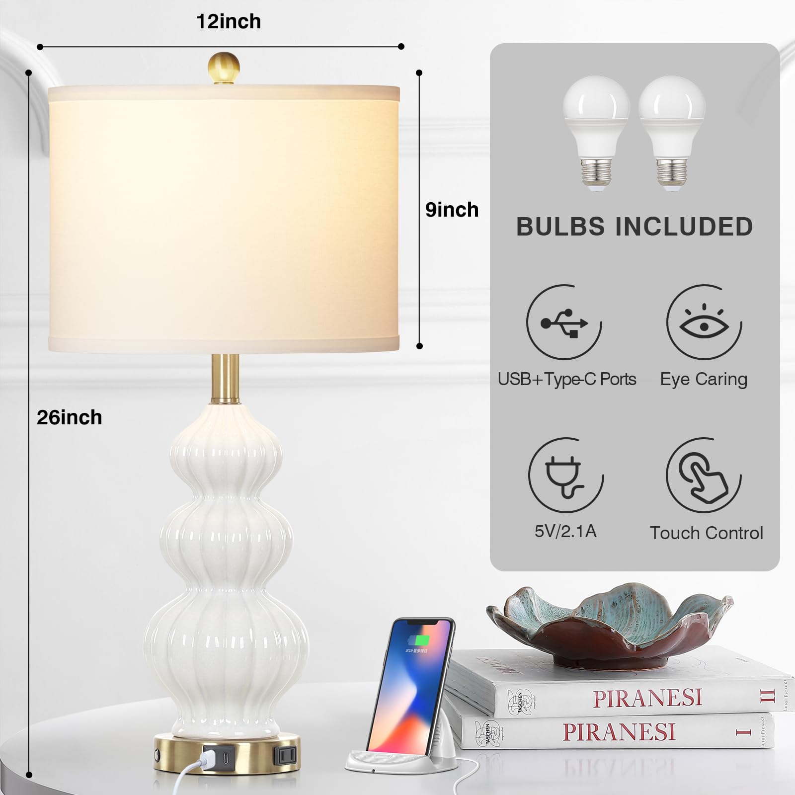 Rinweey Triple Gourd Ceramic Table Lamps Set of 2, White, Extra Large, 3-Way Touch Control, USB & AC Ports for Bedroom Living Room