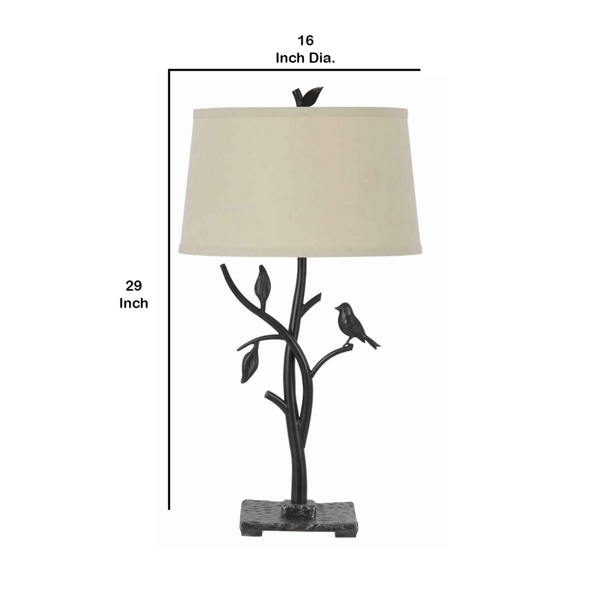 Benjara Metal Tree And Bird Body Table Lamp With Tapered Shade, Black And Beige
