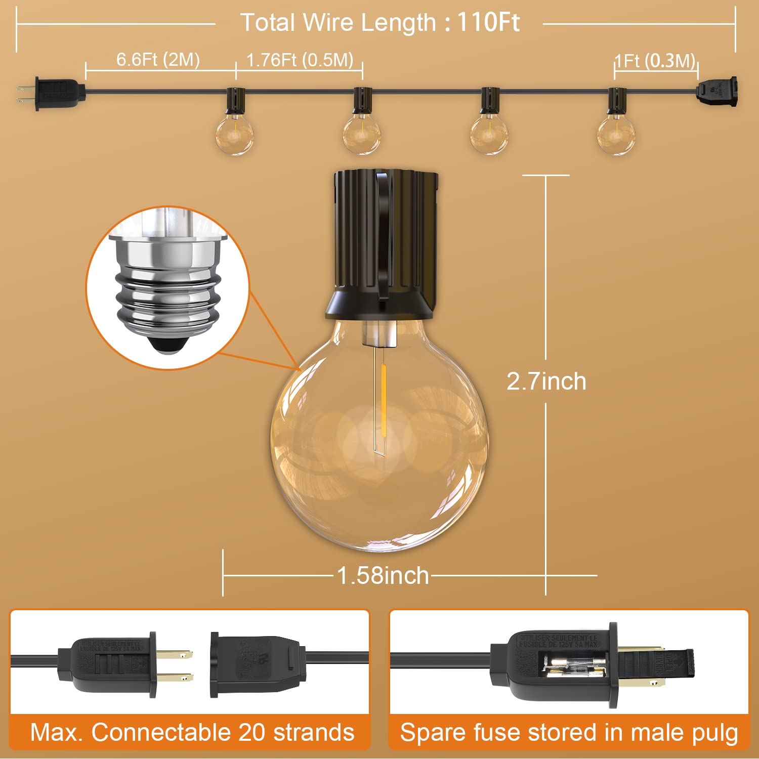 Ohlux Outdoor String Lights,110Ft Dimmable Patio Lights With 58 G40 Shatterproof 2200K Led Bulbs(2 Spare),Waterproof Hanging Lig