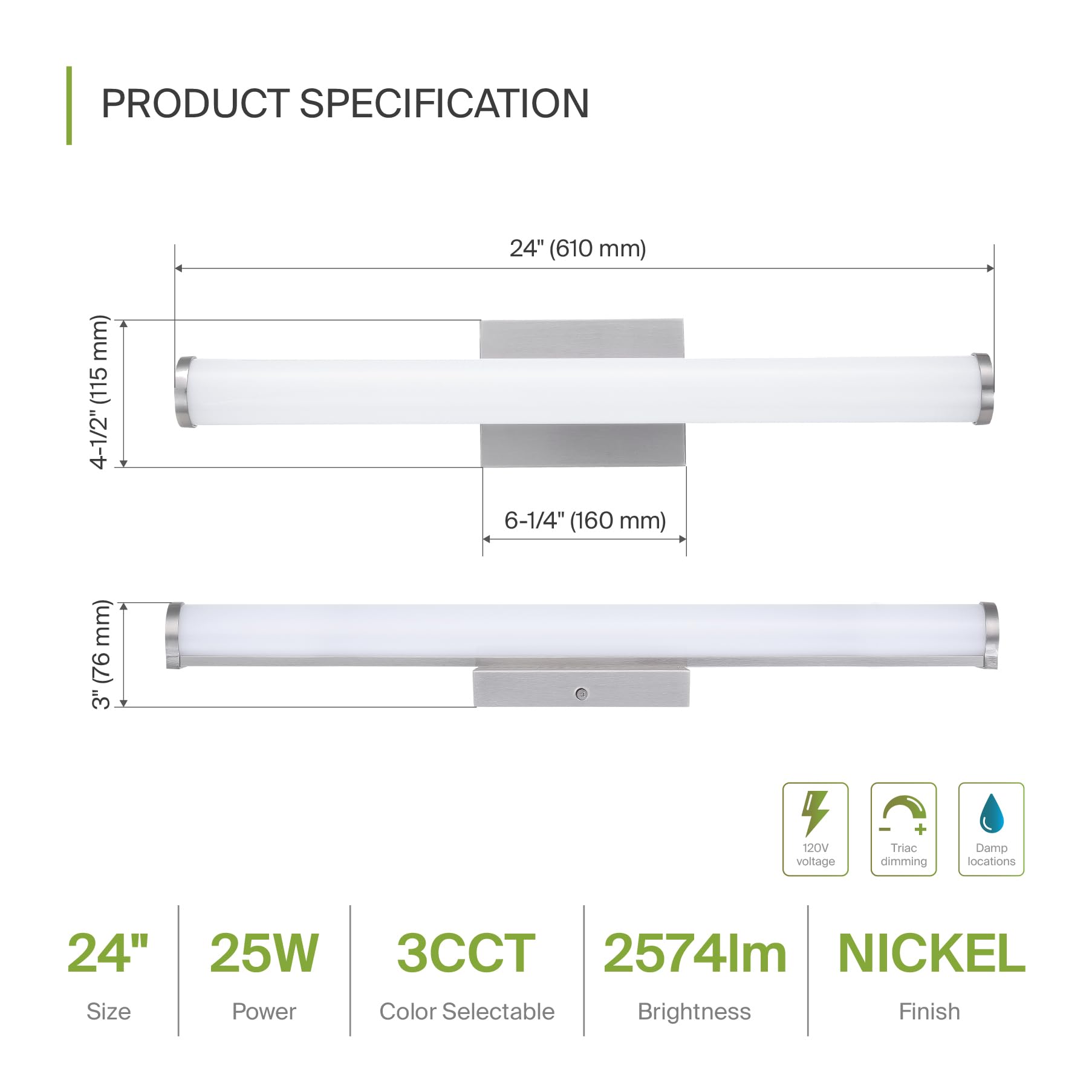 ASD LED Vanity Lighting Fixture 25W 1750LM 3CCT 24 Inch Brushed Nickel 4 Pack