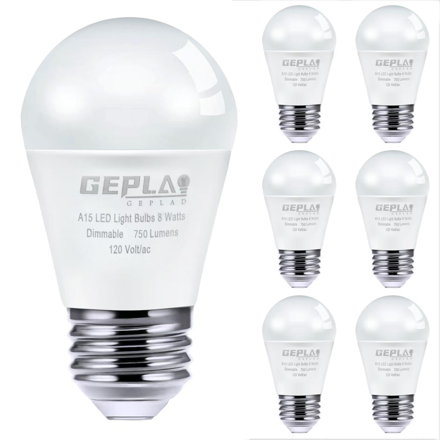 Geplad 6 Pack A15 Light Bulbs 60W Equivalent, 8W Led Refrigerator Bulbs,3000K Soft White, 750 Lm, E26 Medium Base,For Ceiling Fa