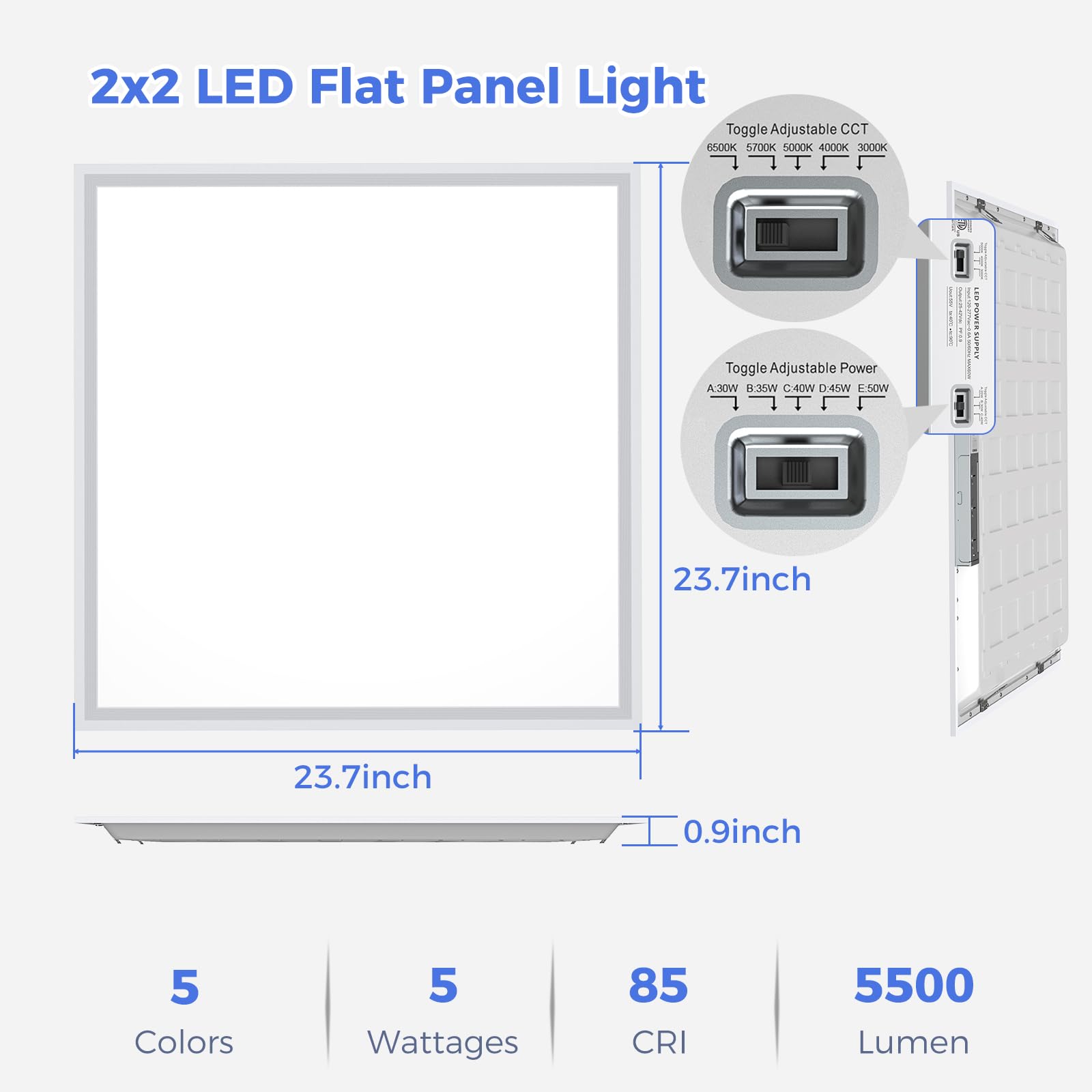 Aikvsxer 2X2 Led Flat Panel Light - Selectable 5 Cct 3000K-6500K & 5 Wattage 30-50W 5500Lm 0-10V Dimmable 2X2 Led Drop Ceiling L