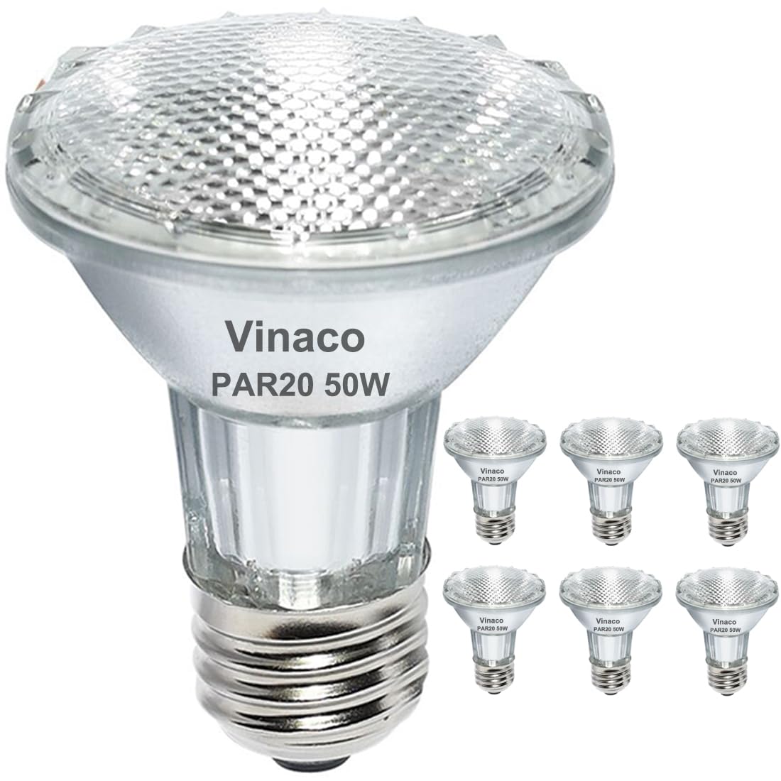 Vinaco Par20 Flood Light Bulbs, 6 Pack, 50W Halogen, E26 Base, Warm White, Long Lasting, Glass, Model PAR20