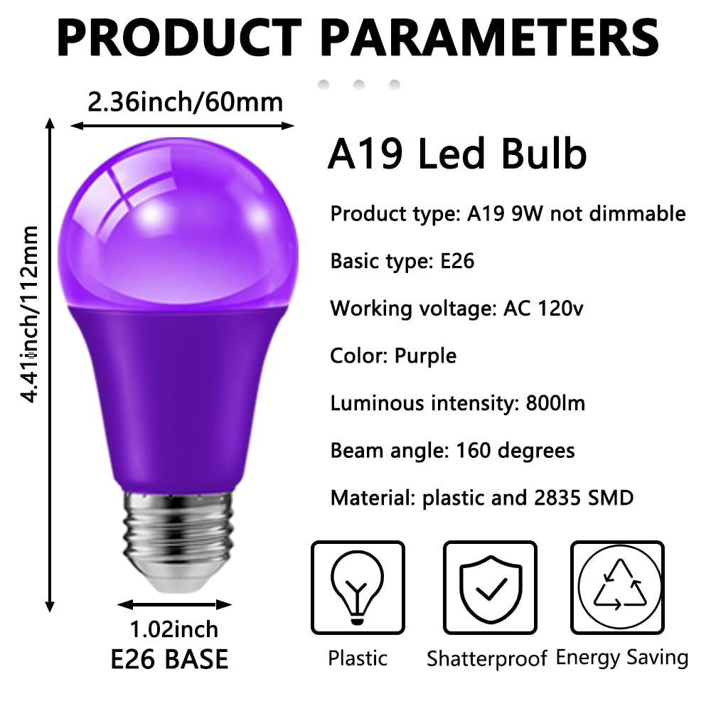 Haraqi 4 Pack 9W (60W Equivalent) 120V E26 Base A19 Led Colored Light Bulb  Purple And Orange Led Lights For Party Christmas Decor And Halloween Lighting