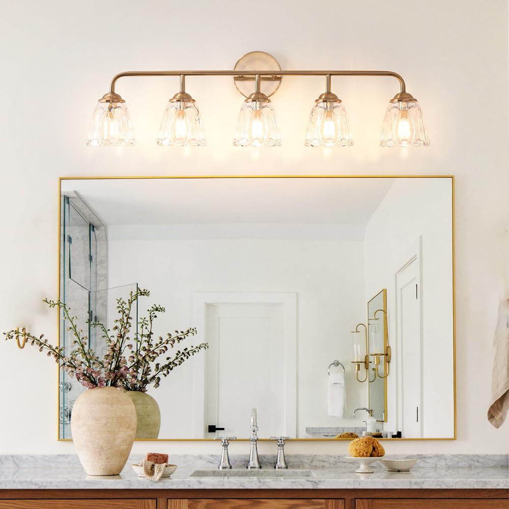 5-Light Vintage Vanity Light, Brushed Brass Vanity Lights For Bathroom, Elegant Bathroom Lighting Fixtures Over Mirror, Bathroom