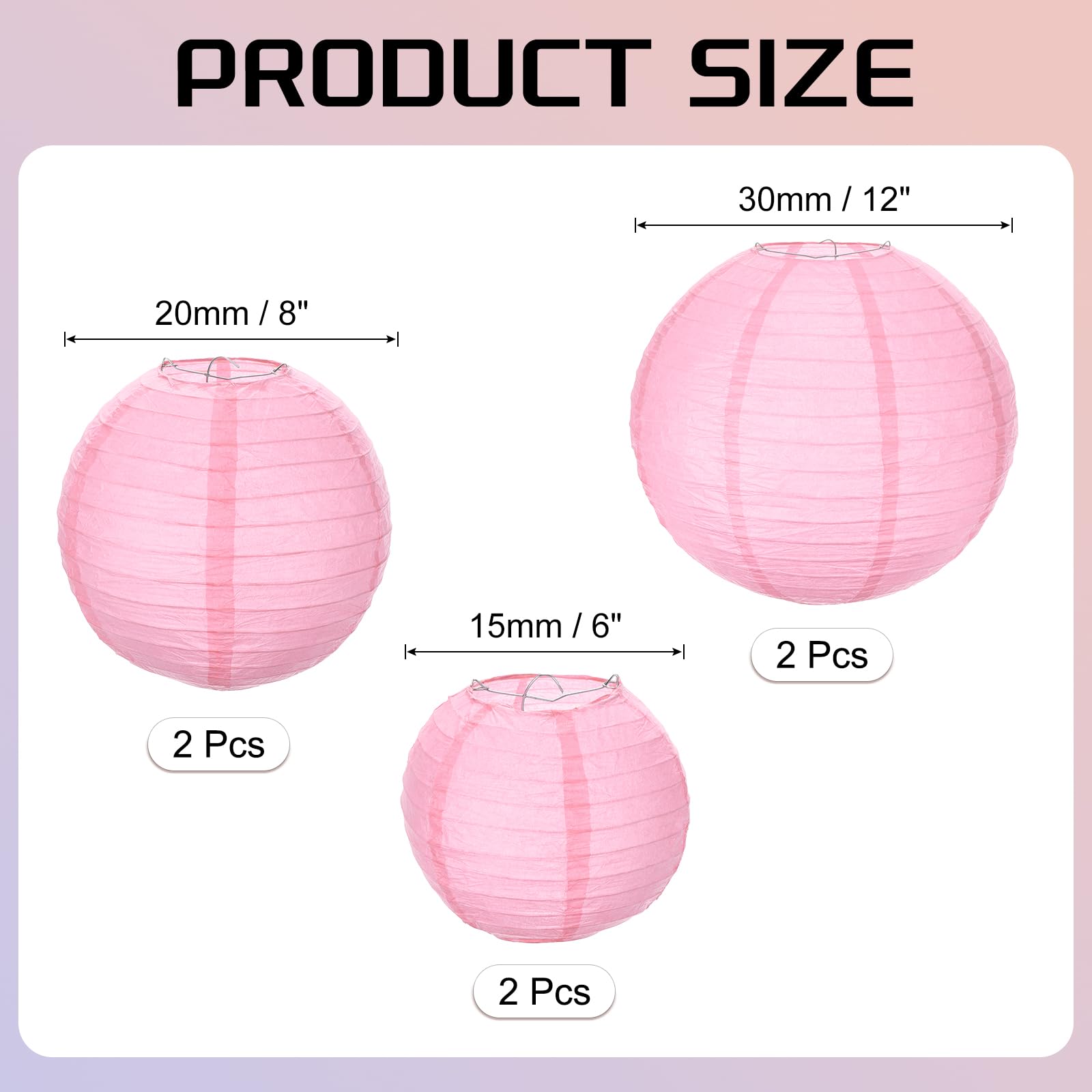 Meccanixity 6Pcs Paper Lanterns Decorative, 6'' 8'' 12'' Pink Round Hanging Lantern Chinese Lanterns For Home Decor, Birthday, W