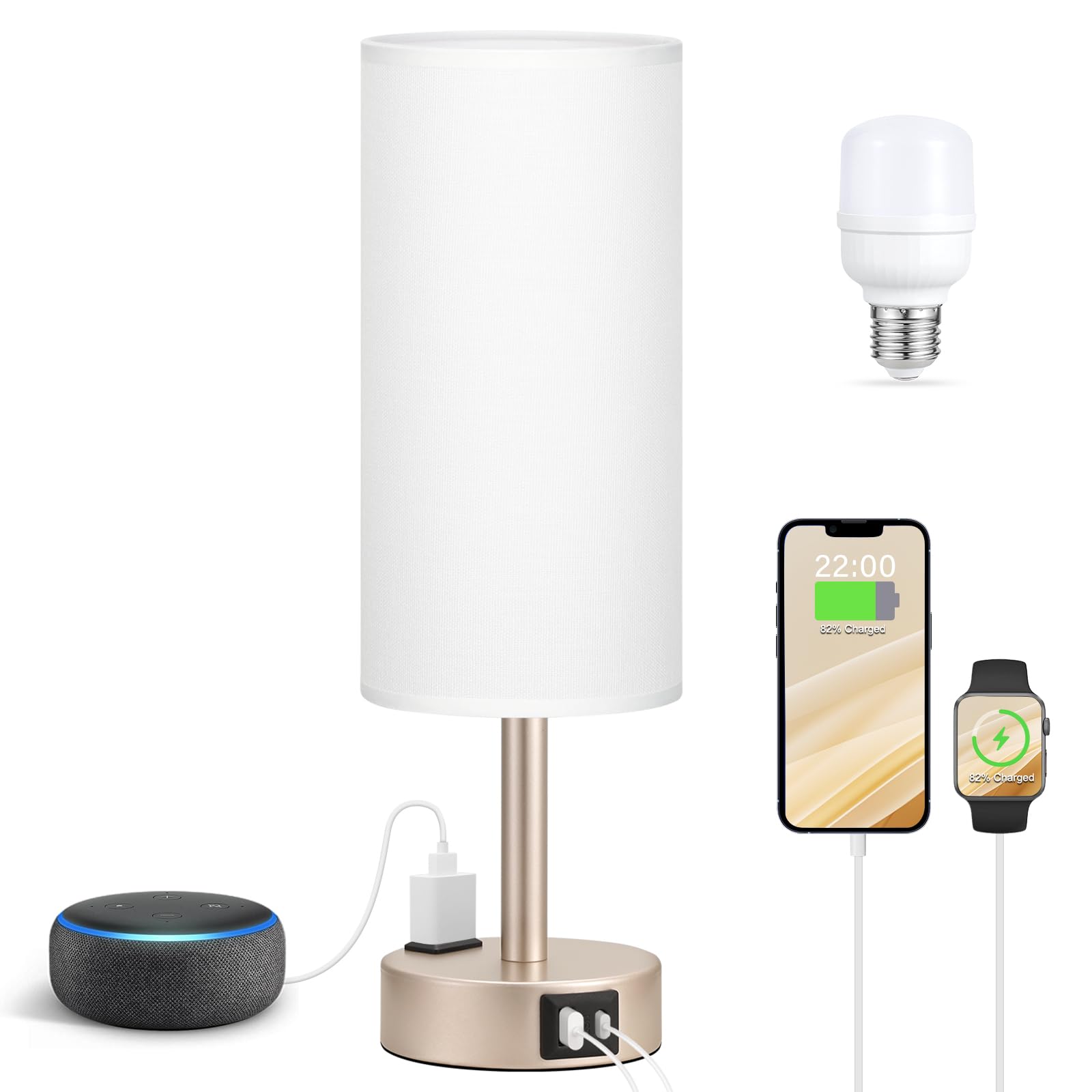 Antique White Bedside Table Lamp for Bedroom - 3 Way Dimmable Touch Lamp USB C Charging Ports and AC Outlet, Small Lamp Gold Bas