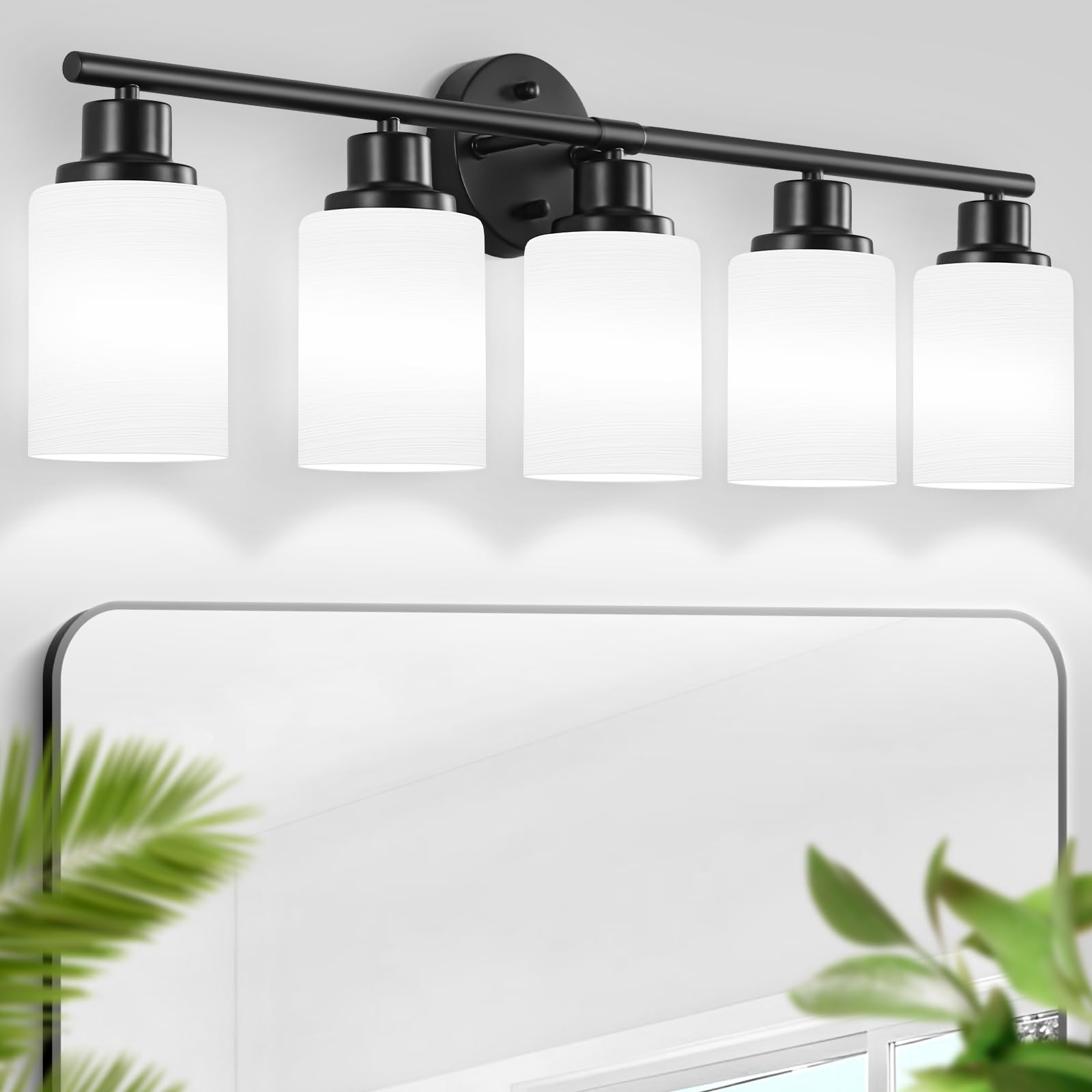 Guliaofo 5-Light Black Bathroom Vanity Light, Frosted Glass Shades, Metal, Model Gu-111-LWNBH-5