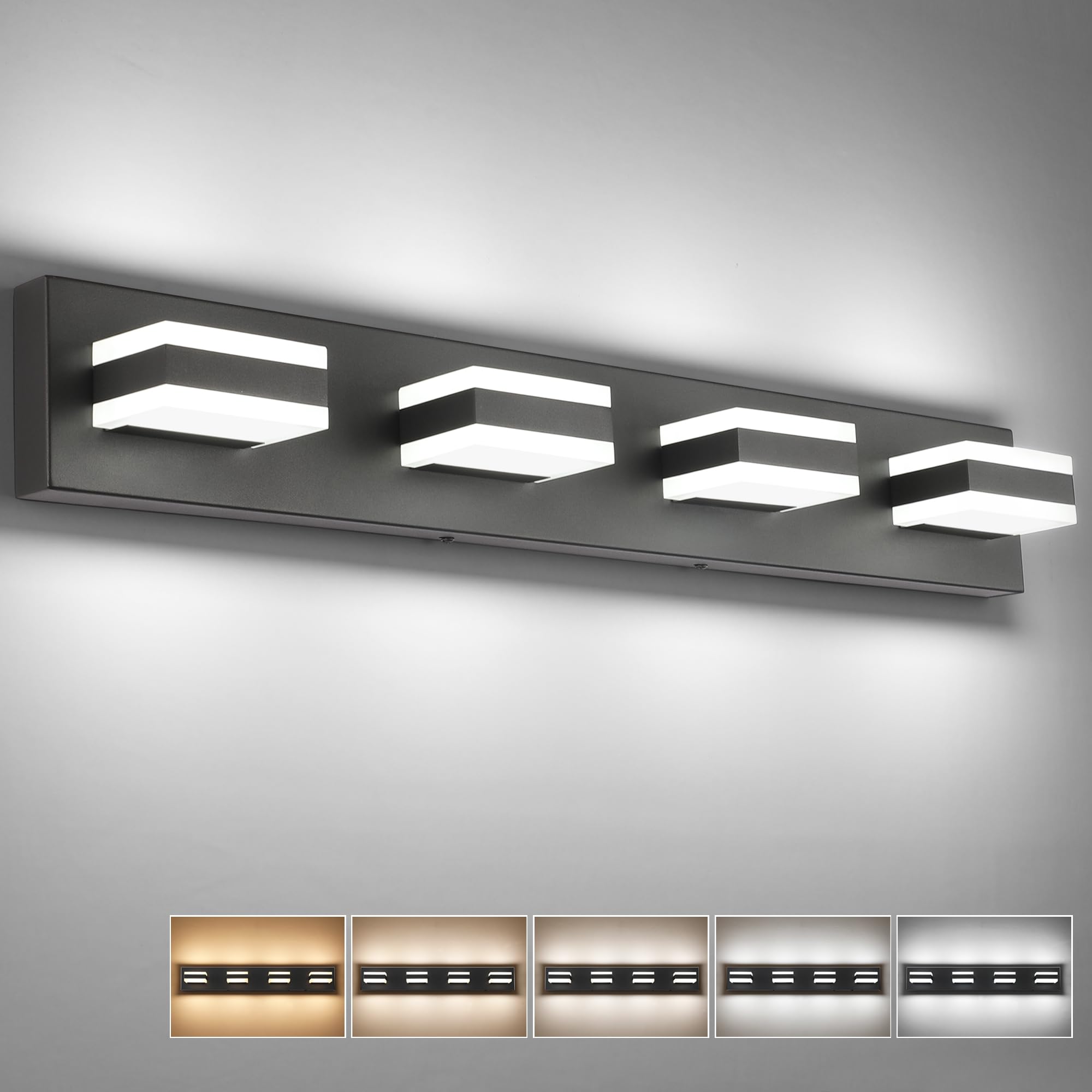 Solfart 4 Lights Bathroom Vanity Lighting Over Mirror,5 Color Temperature Adjustable Matt Black Vanity Light, Led Light Fixtures