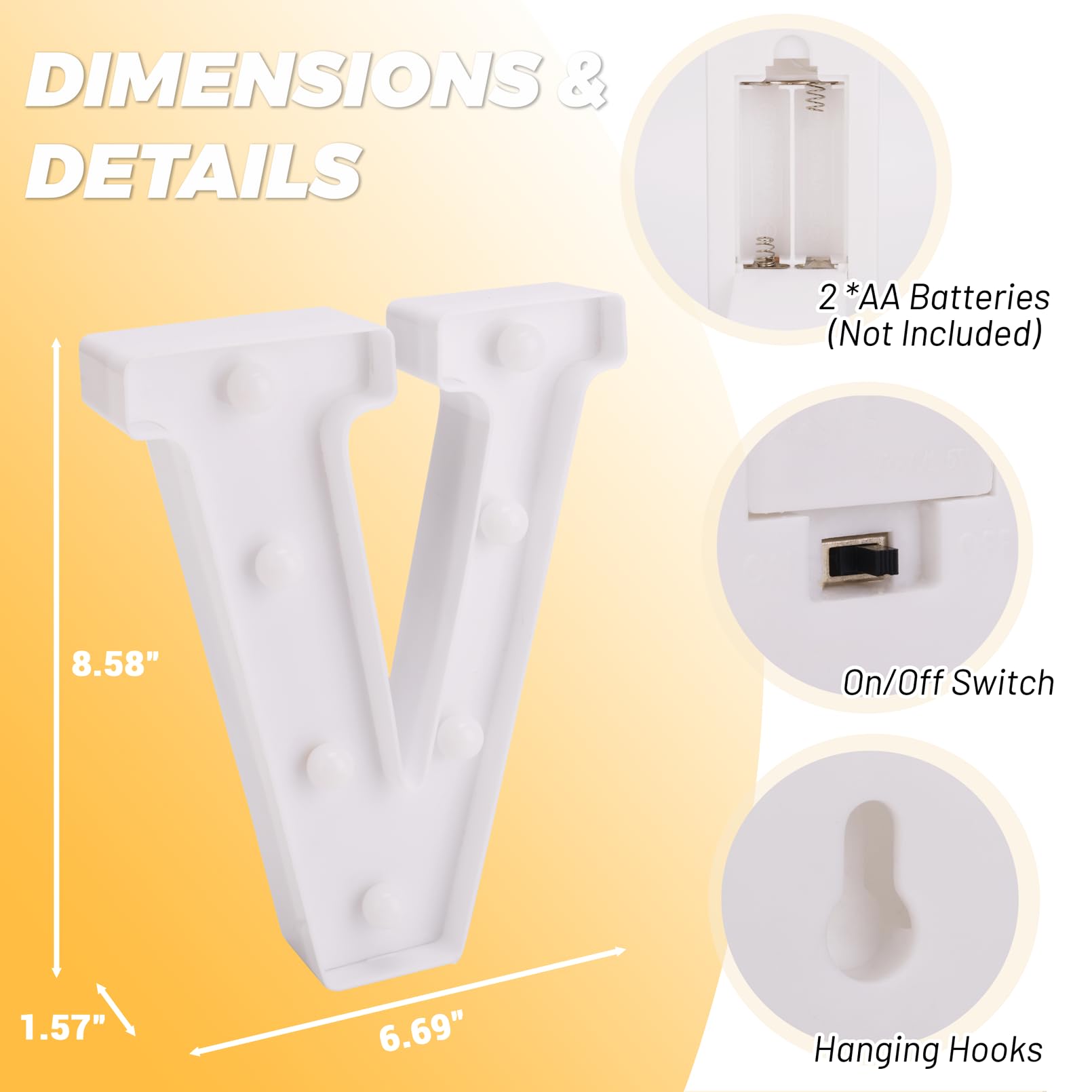 TEHIBIEN LED Light Up Marquee Letter V, Battery Powered Decorative Alphabet Light, White Plastic for Weddings and Parties