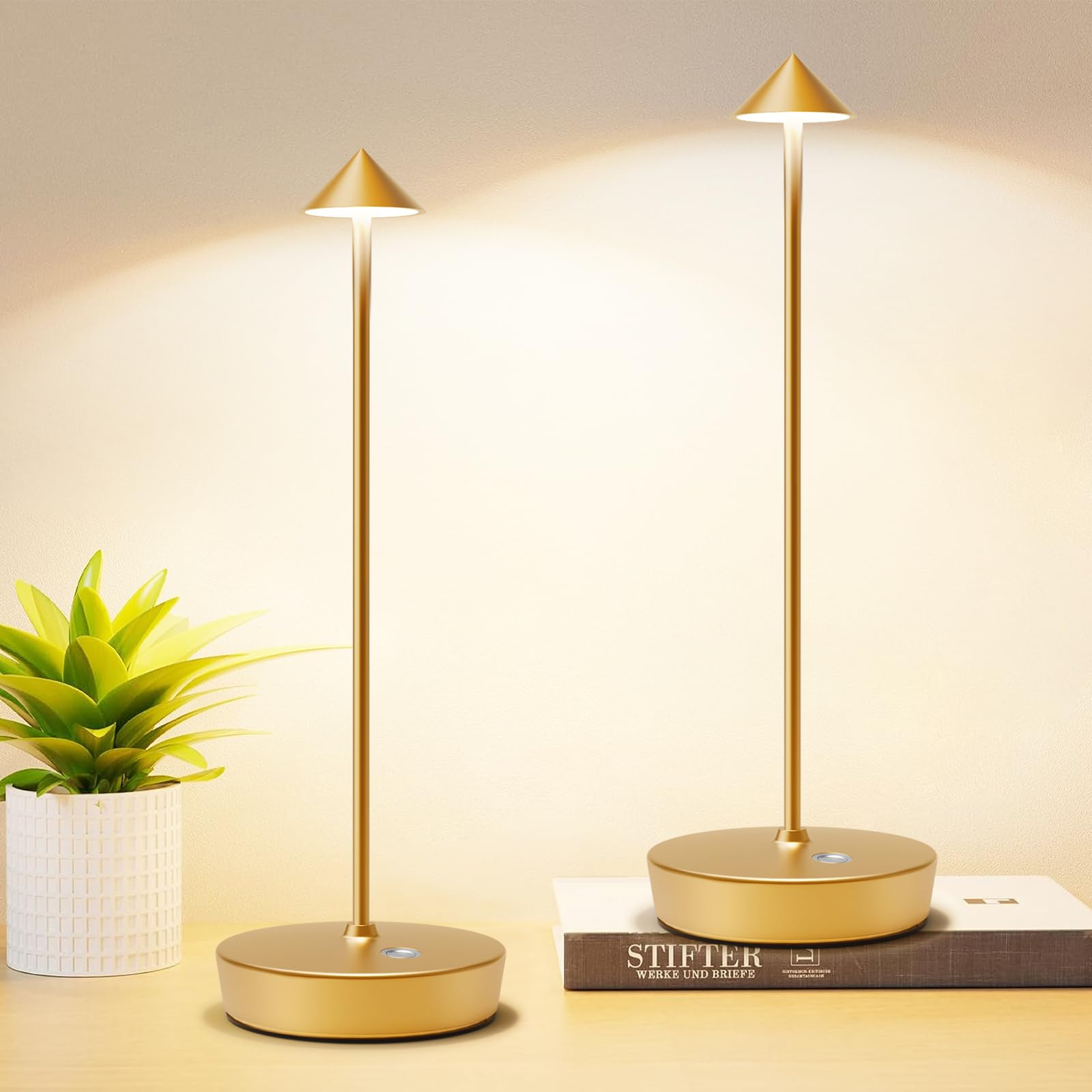 Tpczqj Rechargeable Cordless Table Lamp, 6000mAh LED, Touch 3 Color Dimming, 2Pack, Gold