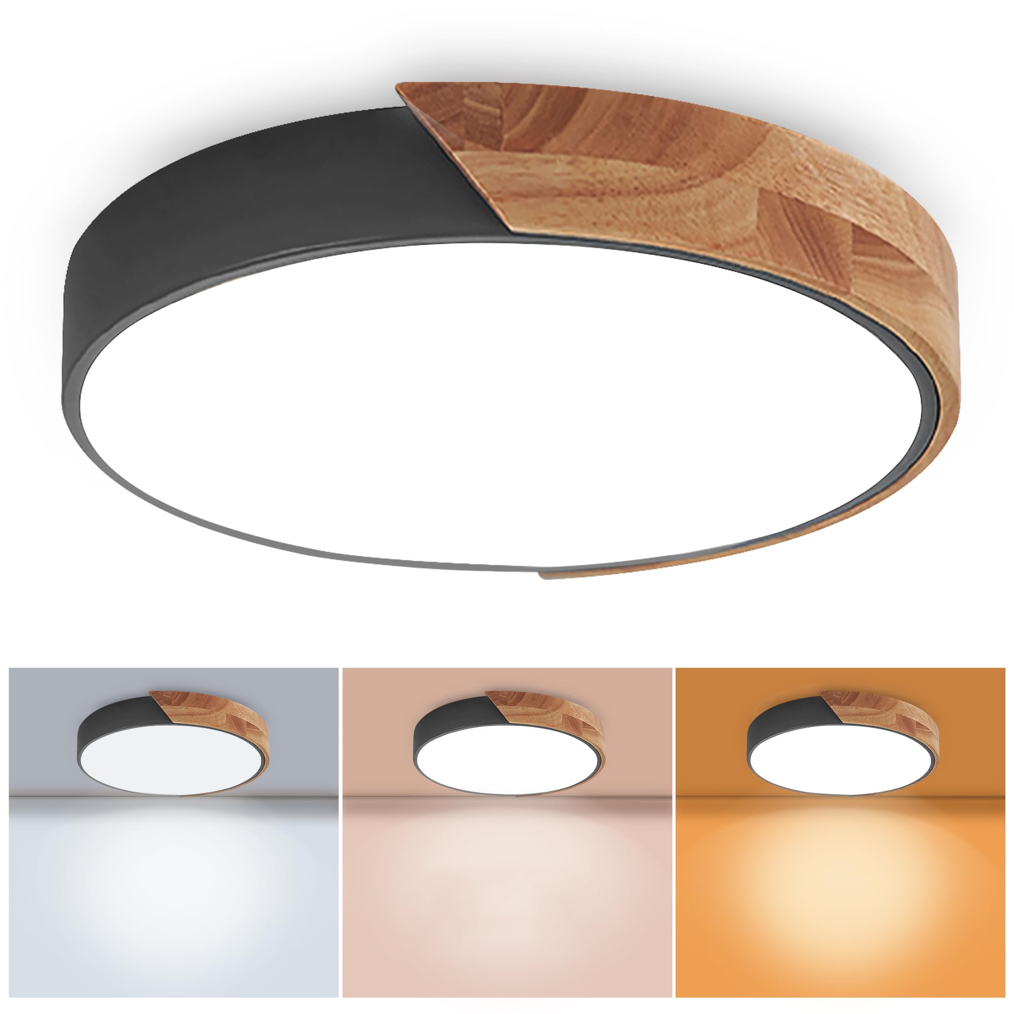 Wood Led Flush Mount Ceiling Light  3Cct 3000K-6500K Modern Black Close To Ceiling Lighting Fixtures  Minimalist Round Ceiling Light For Bedroom  Kitchen  Hallway  Laundry Room  Not Dimmable