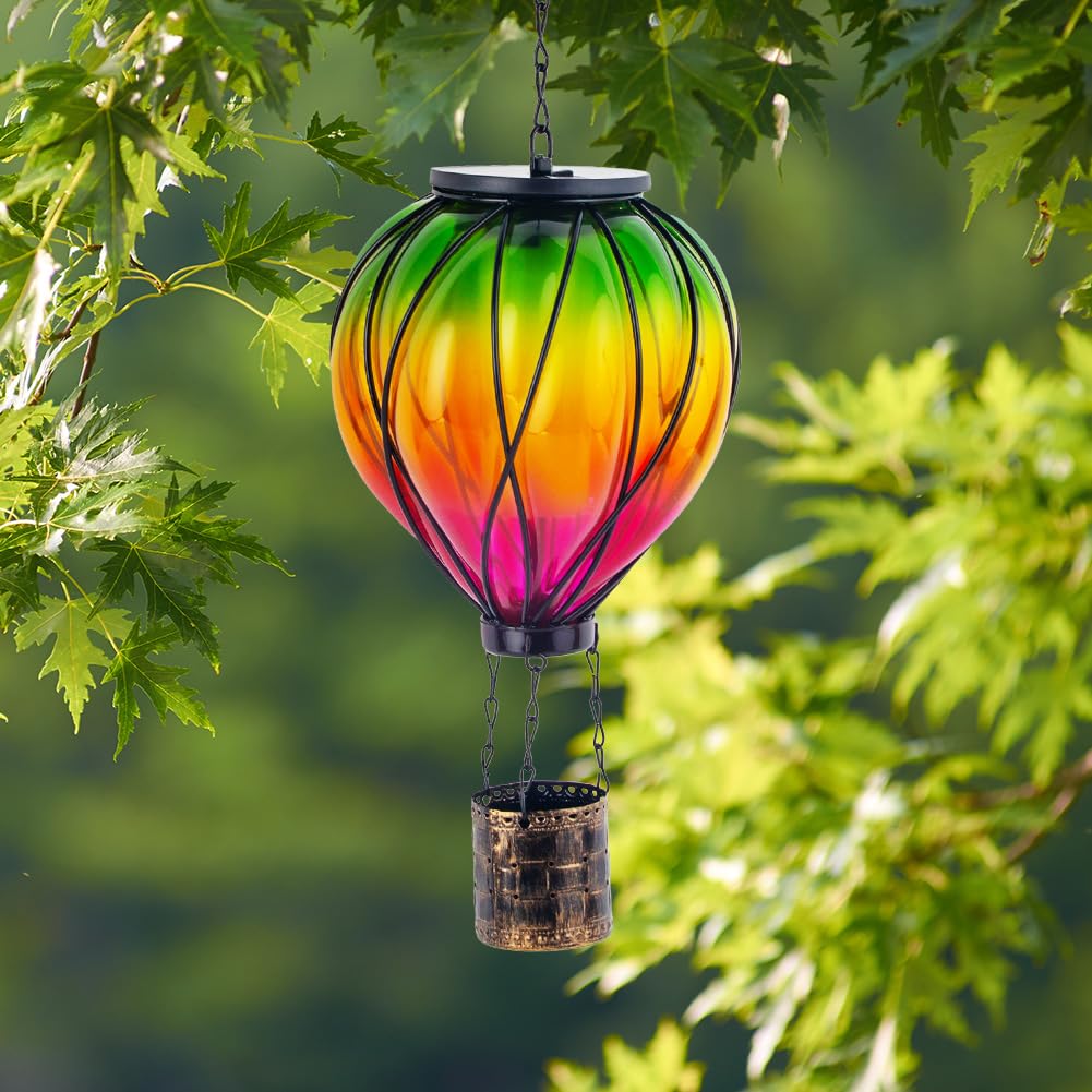 Yelenew Colorful Solar Hot Air Balloon Lantern With Flame Flickering,Garden Decor Glass Hot Air Balloon Solar Lantern Outdoor Wa