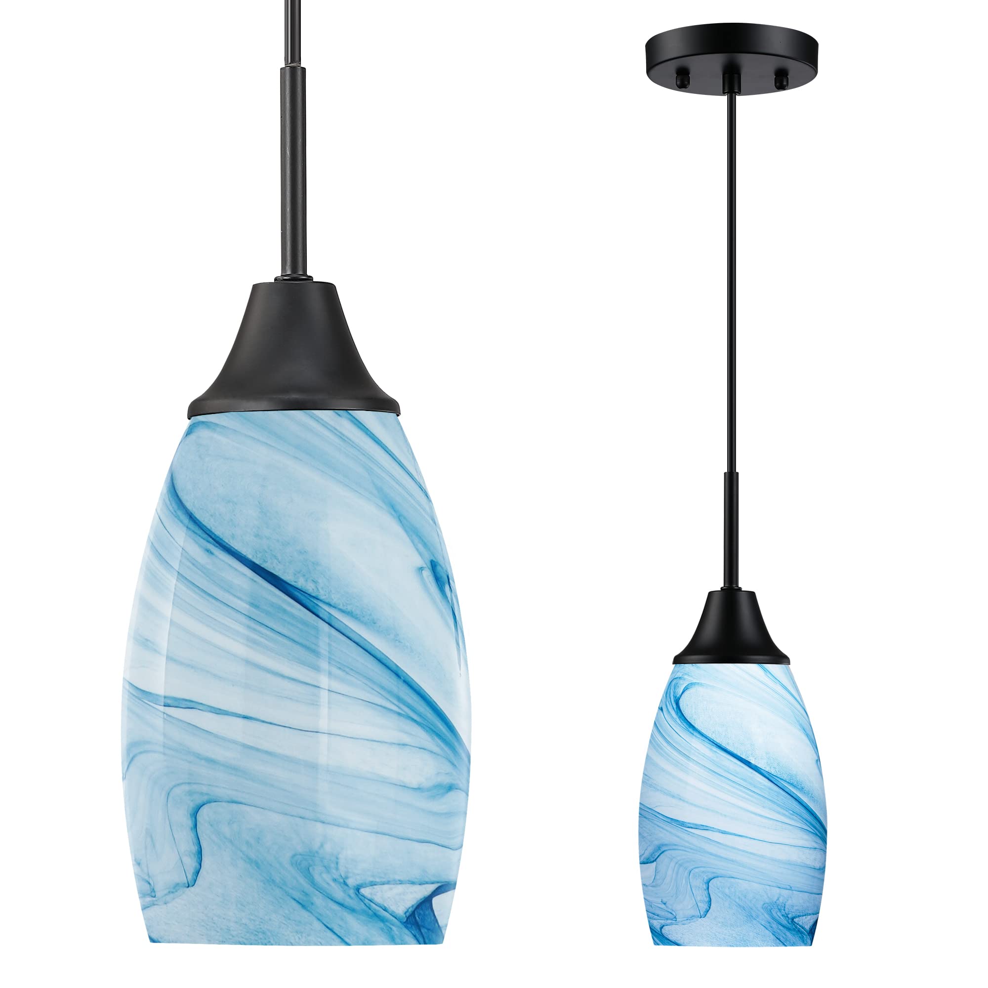 Viinew 3-Pack Mini Blue Marble Glass Pendant Light 4.72'' with Handblown Oval Art Glass Lamp Ceiling Hanging Light,for Dining Ro