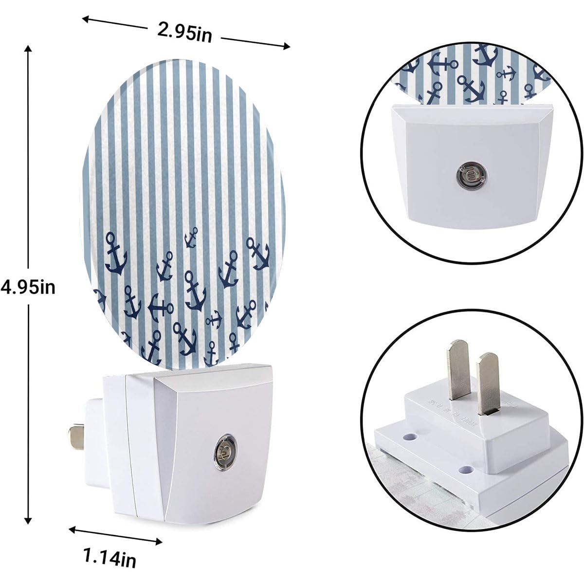 EKOBLA Watercolor Anchor LED Night Light, Auto Sensor, 1.14"D x 2.95"W x 4.95"H, Blue and White Stripes, Nautical Coastal Design