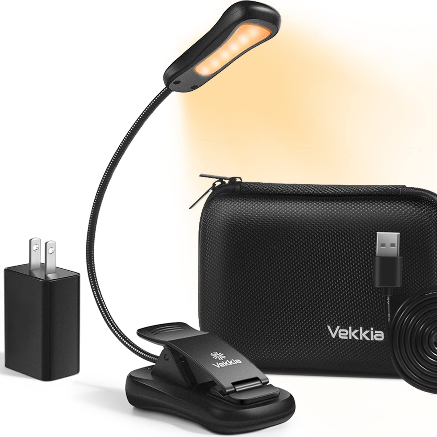Vekkia Book Light Set, Rechargeable Clip-On Reading Light, 3 Brightness Levels, Black, Model BK-07, Includes Charger & Travel Case
