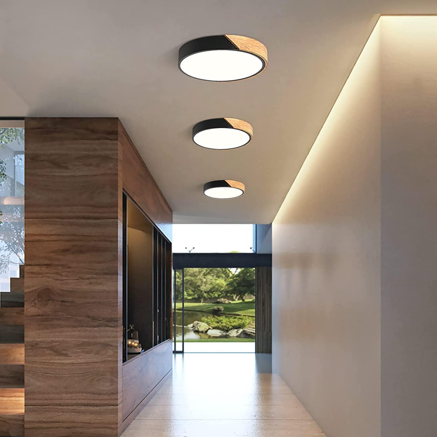 Wood Led Flush Mount Ceiling Light  3Cct 3000K-6500K Modern Black Close To Ceiling Lighting Fixtures  Minimalist Round Ceiling Light For Bedroom  Kitchen  Hallway  Laundry Room  Not Dimmable