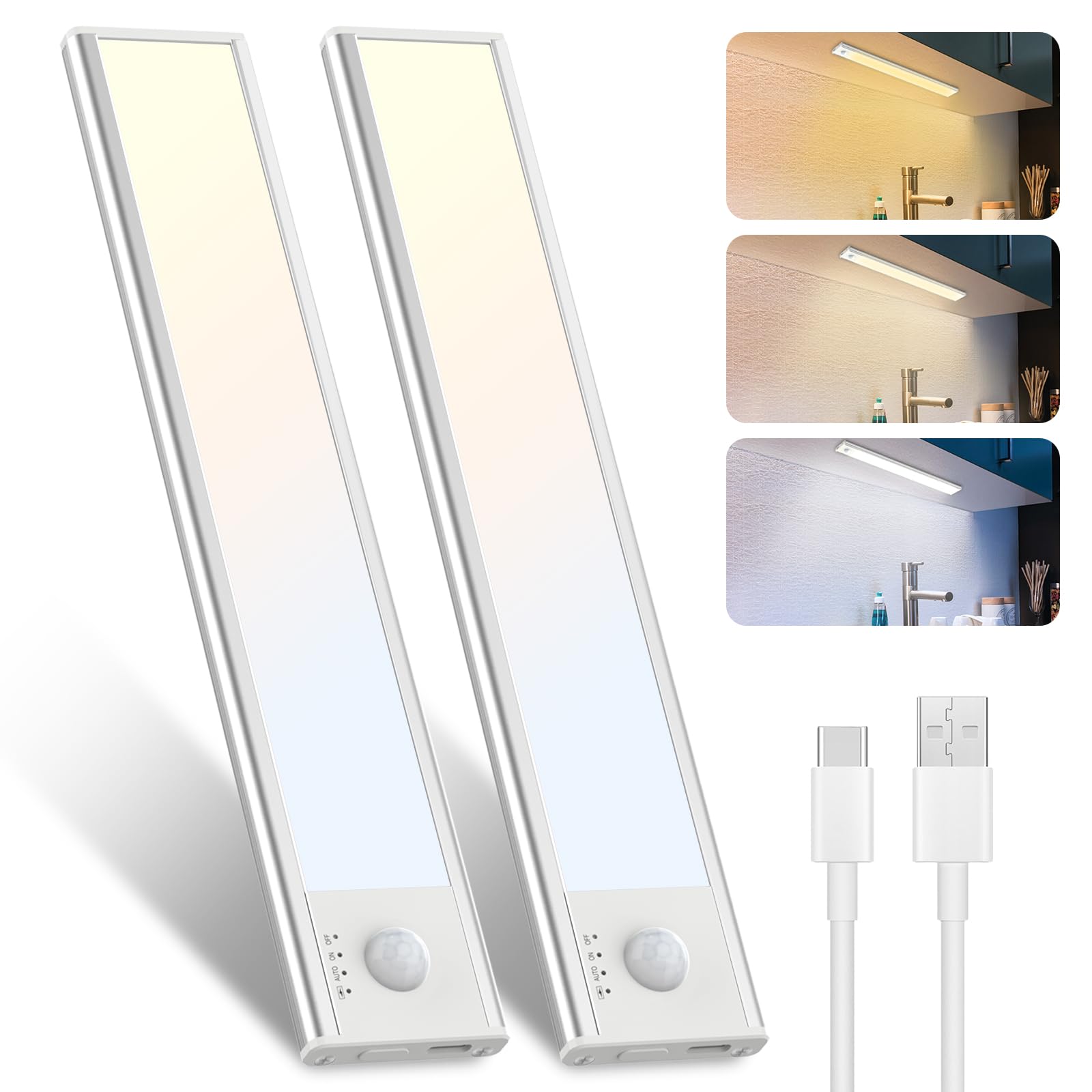 libtit 2Pack LED Under Cabinet Lighting USB Rechargeable, Motion Sensor Light Indoor Battery Operated, Wireless Magnetic Closets
