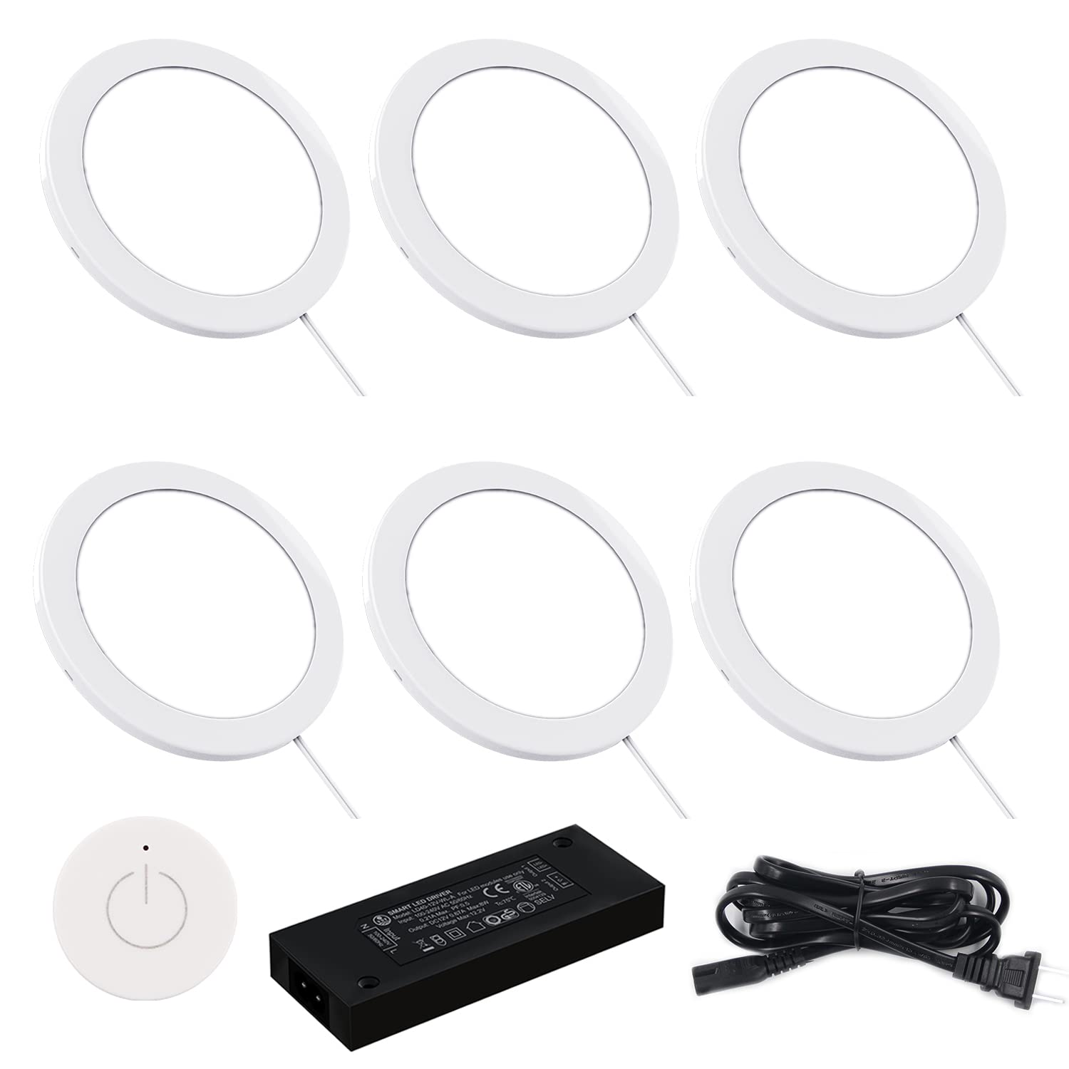 VST Under Cabinet Mini Panel Lighting 6PCS 3.94in 12V 2.5W Round White with Wireless Dimmer Switch, Model PL07-WL-3P-B
