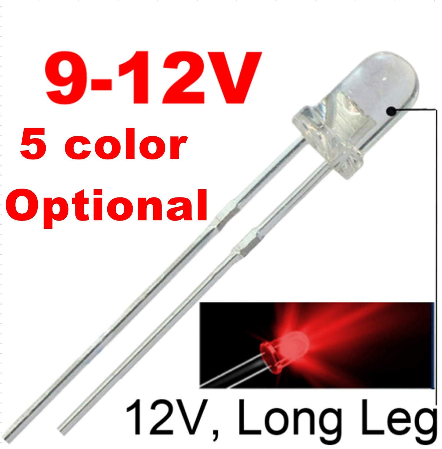 50Pcs 12V 3Mm Red Led Built-In Resistor 9V Gauge Cluster Instrument Light Emitting Diodes
