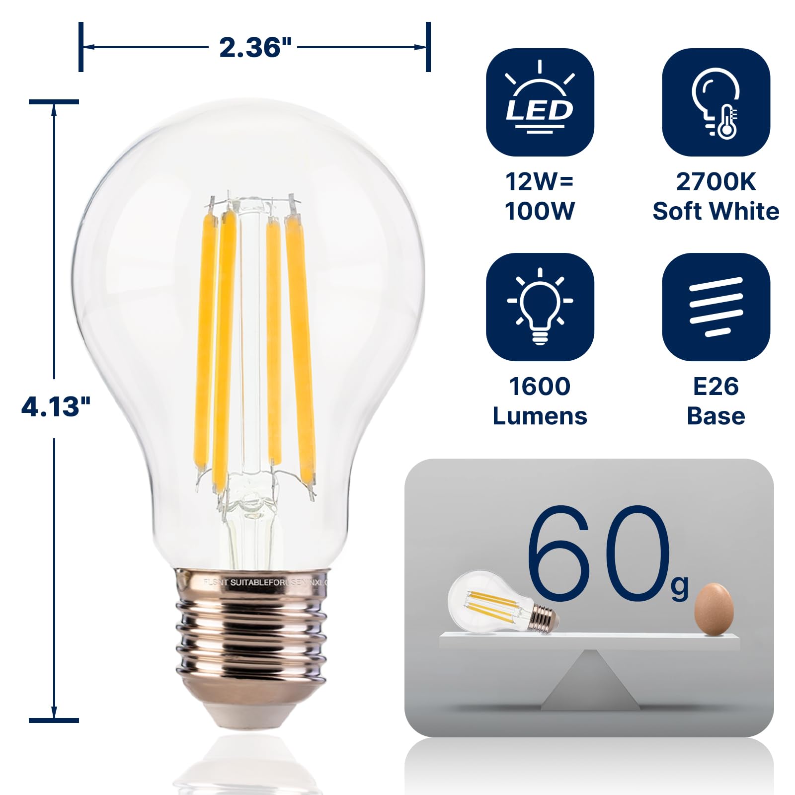 FLSNT A19 LED Light Bulbs, 100W Equivalent, 12W, 1600 Lumens, 2700K Soft White, Clear Glass, Dimmable, 8