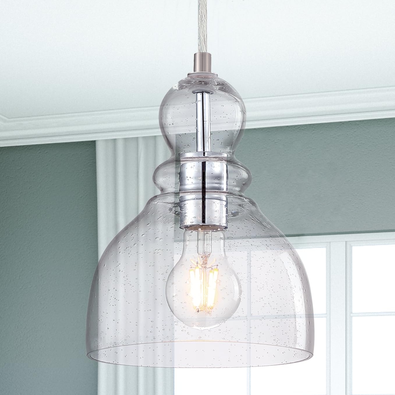 Westinghouse Lighting 6135700 One-Light Indoor Mini Pendant Light, Ceiling Light Fixture, Brushed Nickel Finish With Clear Seede