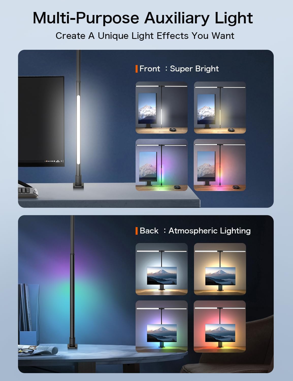 Beanet LED Desk Lamp with Clamp, 24W Ultra Bright, RGB Lighting, Remote Control, Model BNT-DEL03A, Black