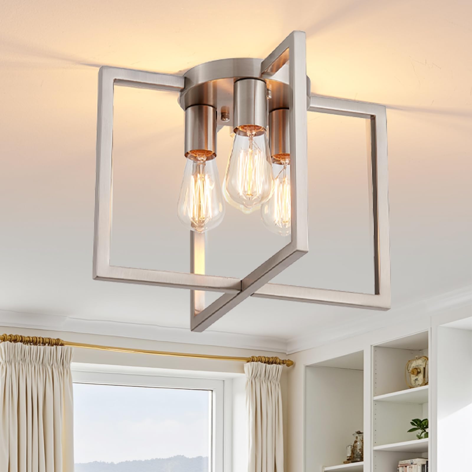 peskoe Brushed Nickel Ceiling Light 3-Light Small Chandelier for Dining Room Geometric Metal Modern Chandelier Light Fixture for