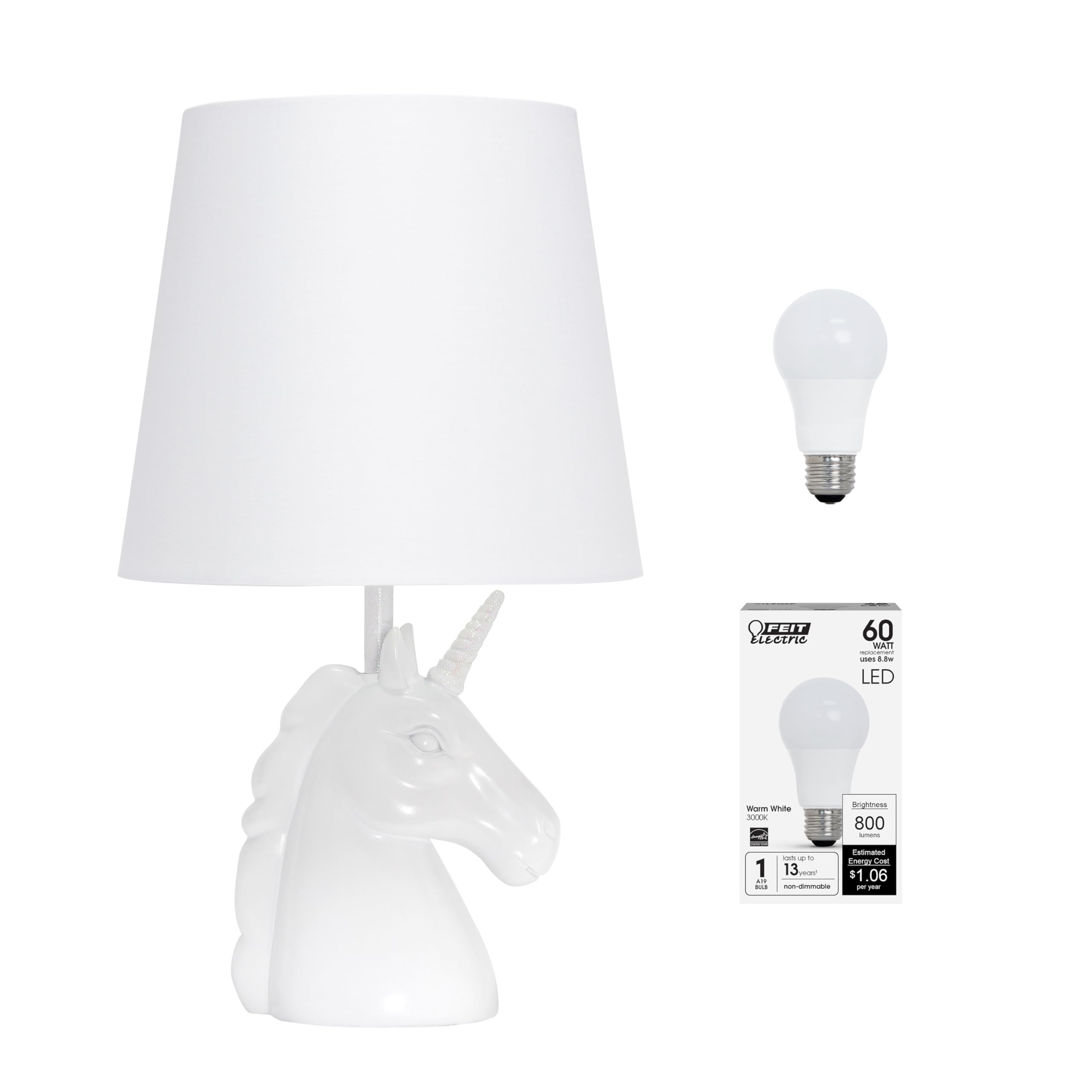 Simple Designs LT1078-IRD-LB 15.5&quot; Sparking Glitter Unicorn Table Lamp for Kids Room, Nursery, Living Room, Bedroom, Playroom, Foyer, White with Iridescent Glitter, with Feit LED Bulb Included