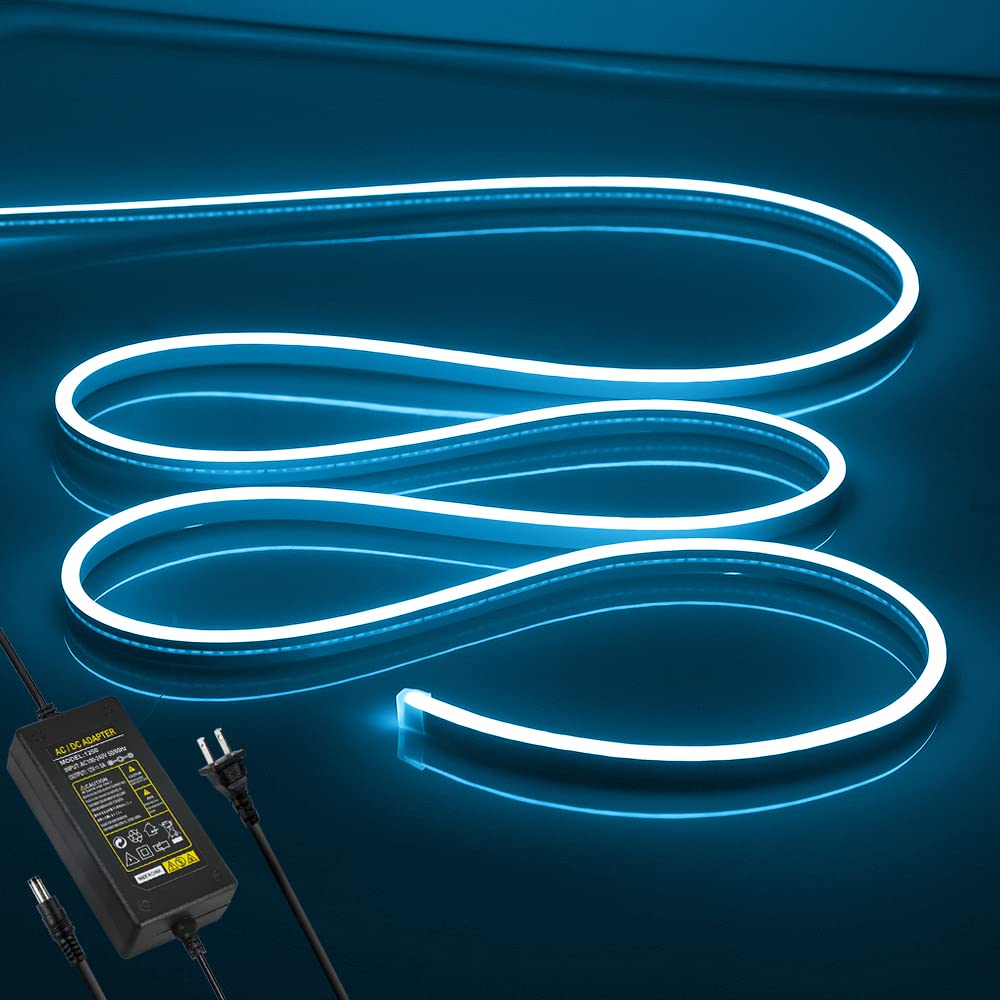 OWOFYDR LED Neon Lights Flexible Ice Blue 16.4FT/5M 12V DC Waterproof Flexible LED NEON Light for Indoors Outdoors Decorm [Power