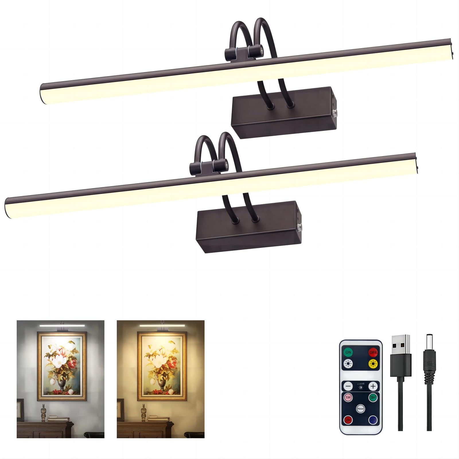 RAIFOOLLY Picture Light  Picture Lights for Wall Cordless  13inch Picture Lights with Timer and Dimmable  5000mAh Battery Wall Lights for Display Gallery Discomfortting Art Frame Portrait - Black