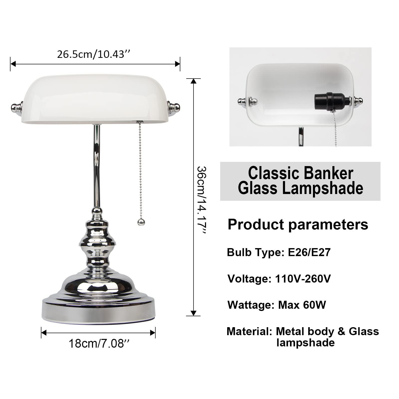 FIRVRE Bankers Desk Lamp T9007U-GW, Vintage White Glass Shade with Pull Chain for Office and Study Room