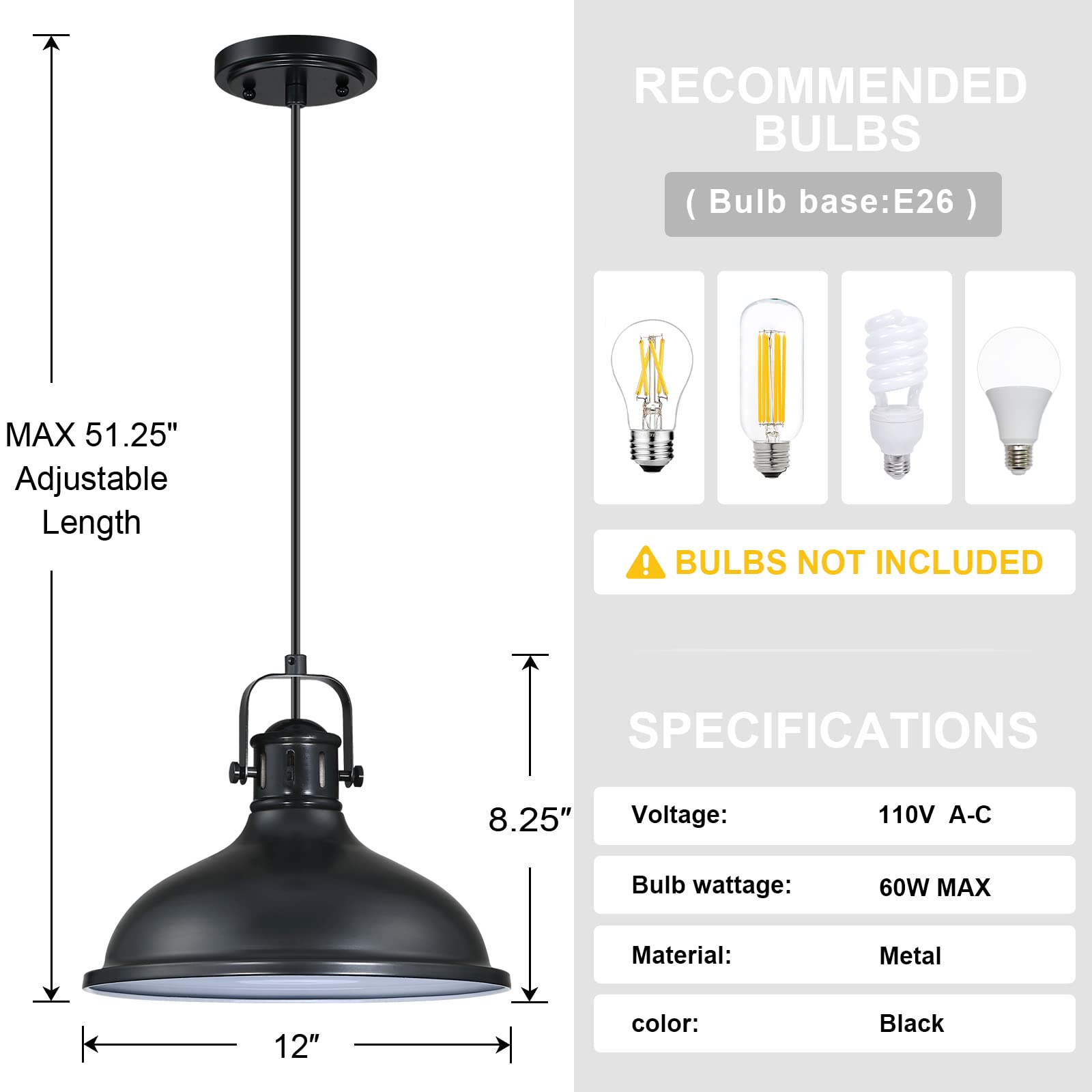 Doraimi Lighting 2 Pack Led 1 Light Pendant Light Industrial Vintage Fixtures Metal Chandelier Lights With Painting Black Finish