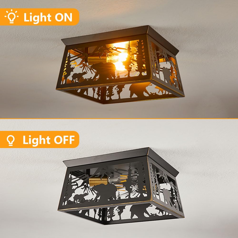 Rustic Light Fixture, 2-Light Farmhouse Flush Mount Ceiling Light Fixture, Metal Bear Country For Bedroom Foyer Entryway Hall Li