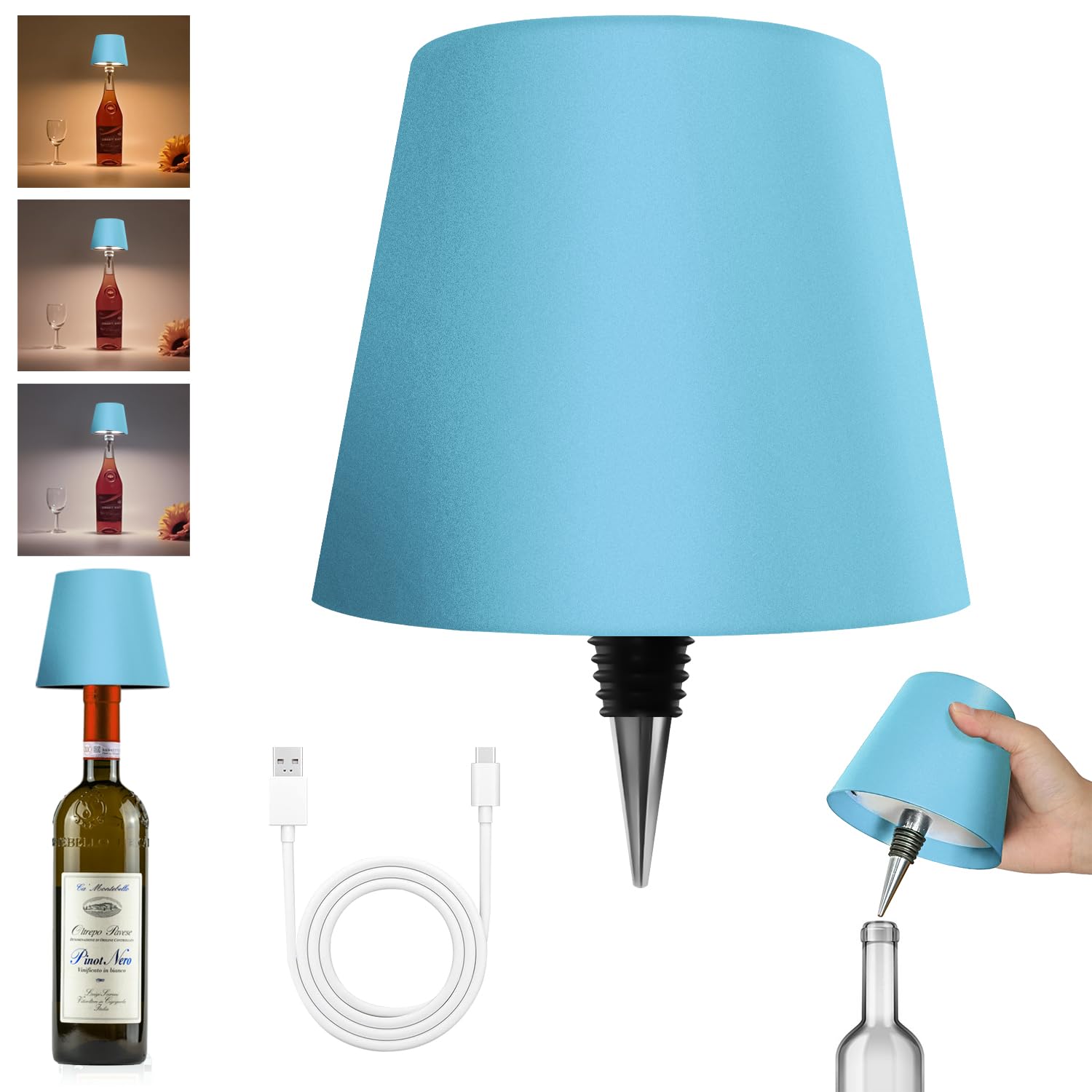 Hoide Wireless Bottle Lamp - LED Night Light Kit, Rechargeable, 5.7in, Light Blue, Plastic