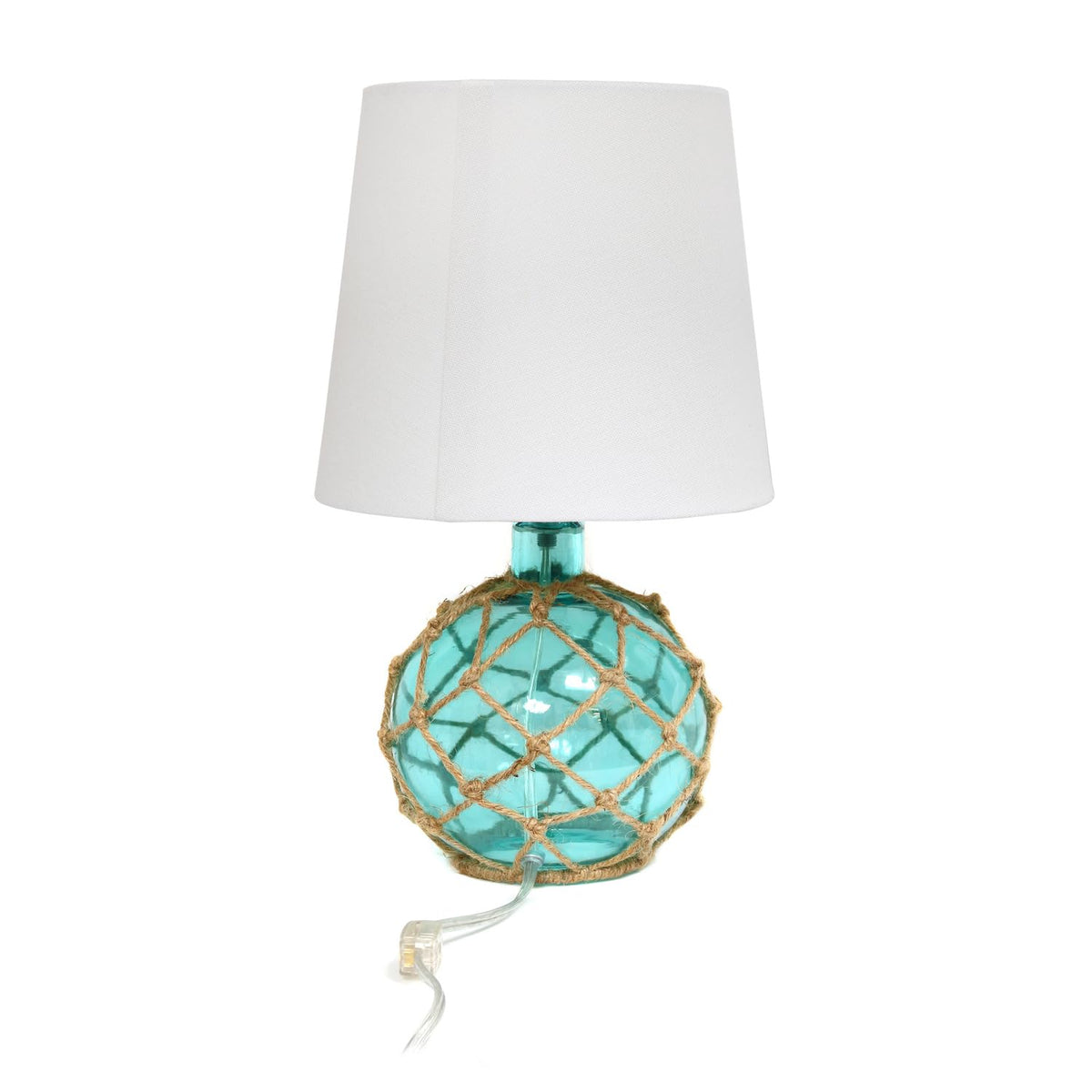 Elegant Designs LT1050-AQU-2PK 14.75&quot; Buoy Rope 2-Pack Nautical Netted Coastal Ocean Sea Glass Table Lamp with White Fabric Shade, Aqua