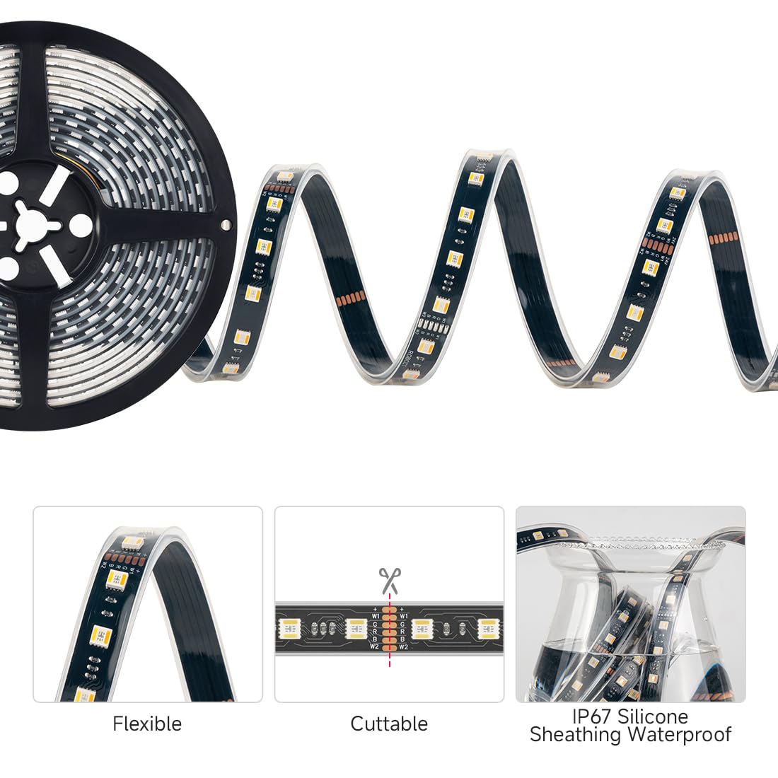 BTF-LIGHTING LED RGBWW Strip Light, 5 Colors in 1, 60 LEDs/m, IP67, 16.4ft, DC12V, Black PCB, Model HD