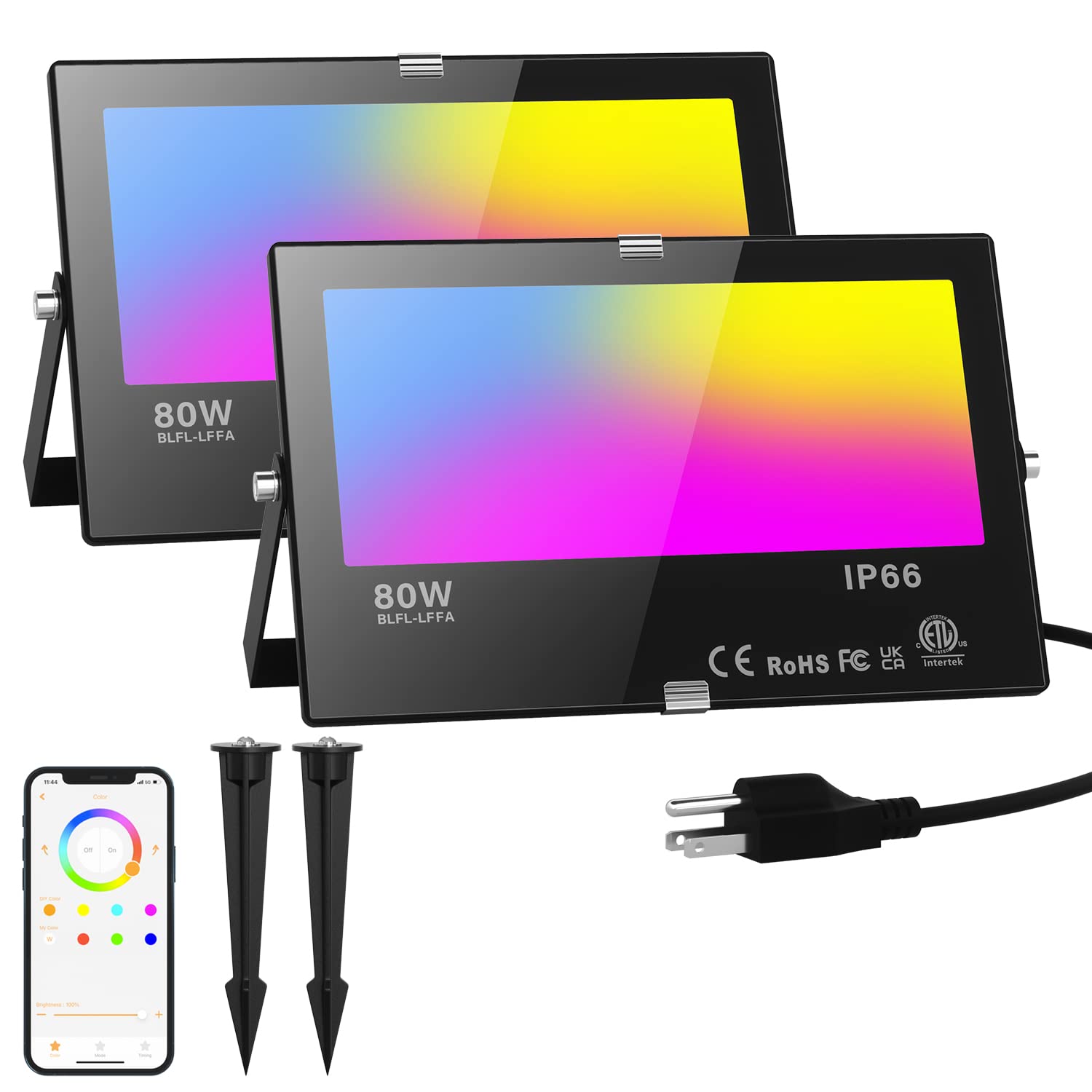 LED Flood Light Outdoor 800W Equivalent 8000LM, Smart RGBW Landscape Lighting with APP Control, Daylight 5700K 23 Modes Floodlig