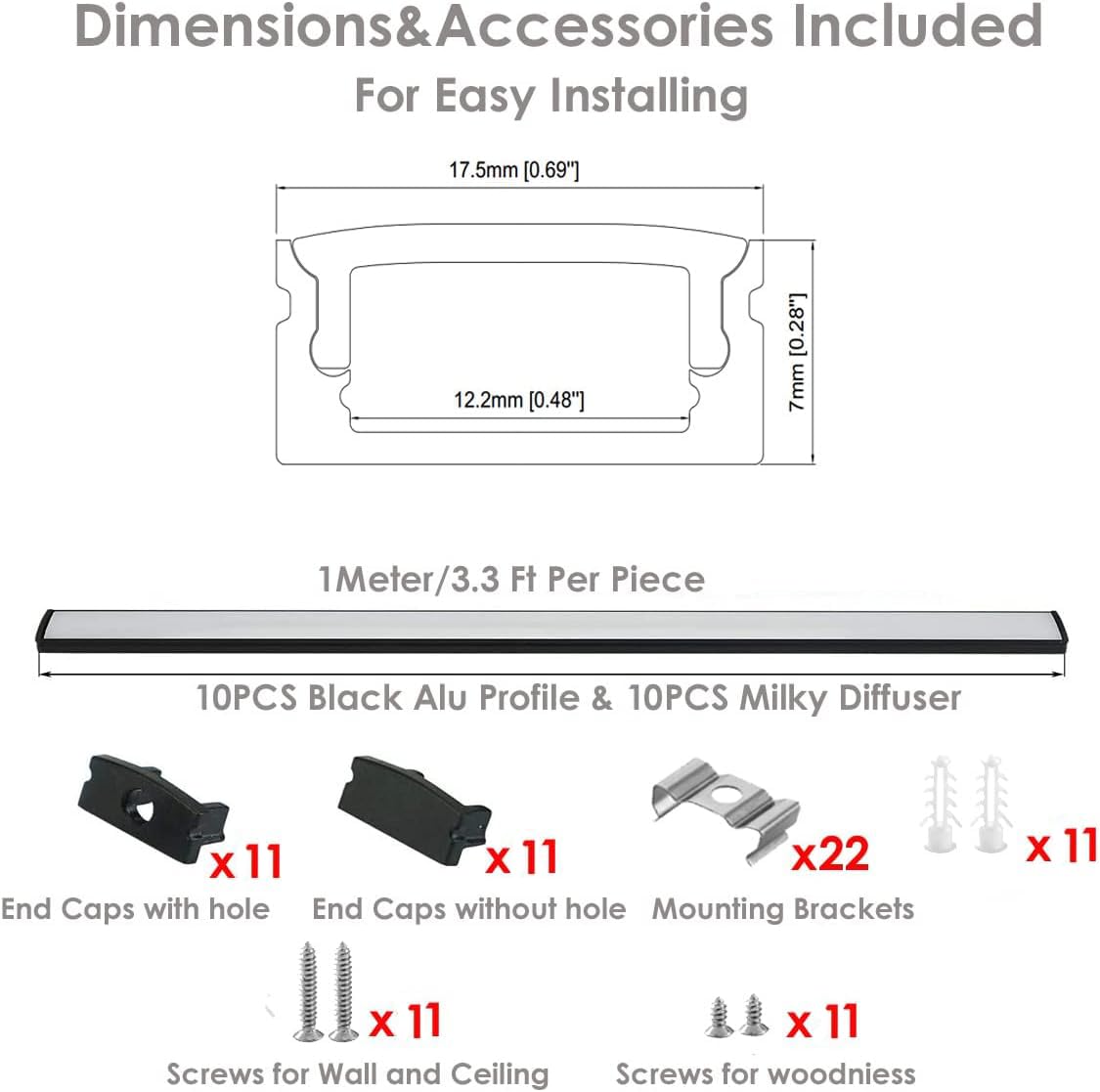 Besseto LED Aluminum Channel - 10 Pack 3.3Ft Black Diffuser for Under Cabinet, Counter & Stairs - Model DK1707