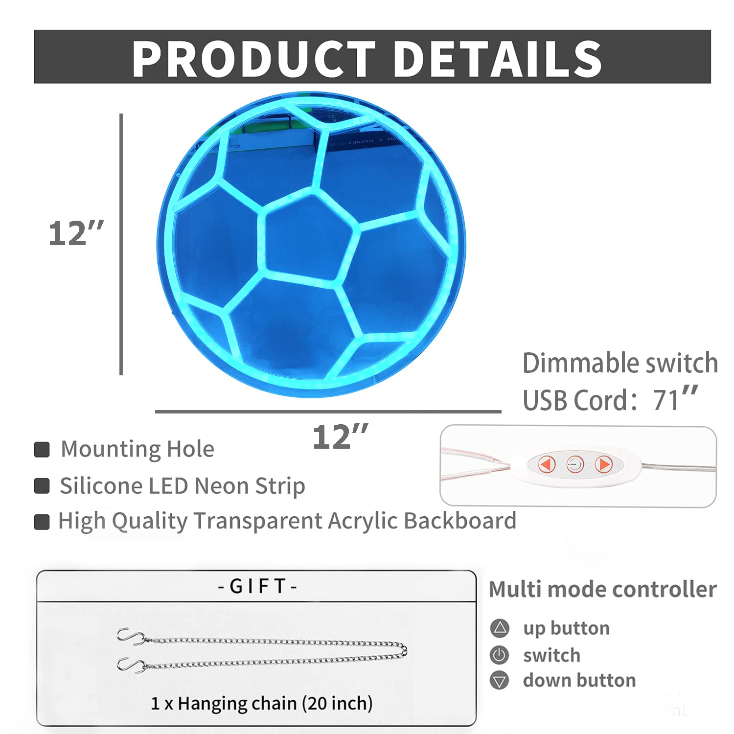 Ajoyferris Dimmable Ice Blue Soccer Neon Sign - 12" Soccer Ball Light For Bedroom & Parties