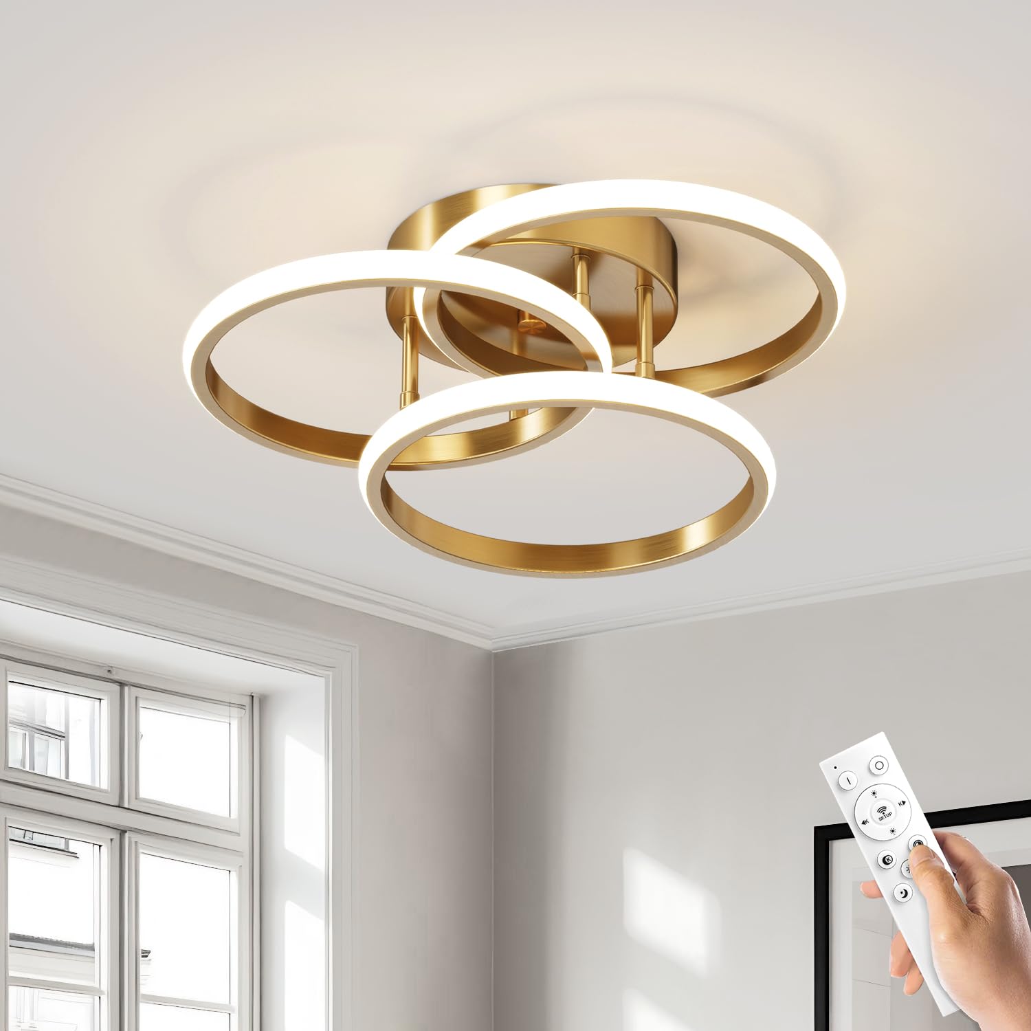 Miss Lighting Dimmable LED Semi Flush Mount Light Fixture, 15in, 3 Ring Gold, Remote Control, Modern Chandelier for Bedroom, Kitchen, Hallways