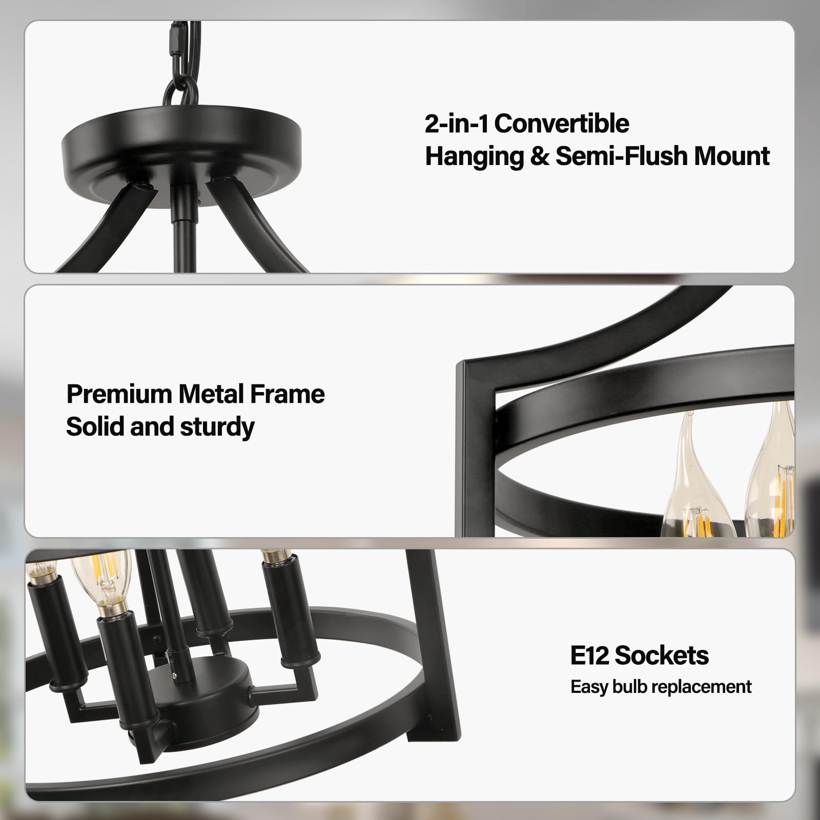 WBinDX 4-Light Farmhouse Chandelier, Metal Pendant Lighting, Convertible Semi Flush Mount, Black, Model D1028S-4-B