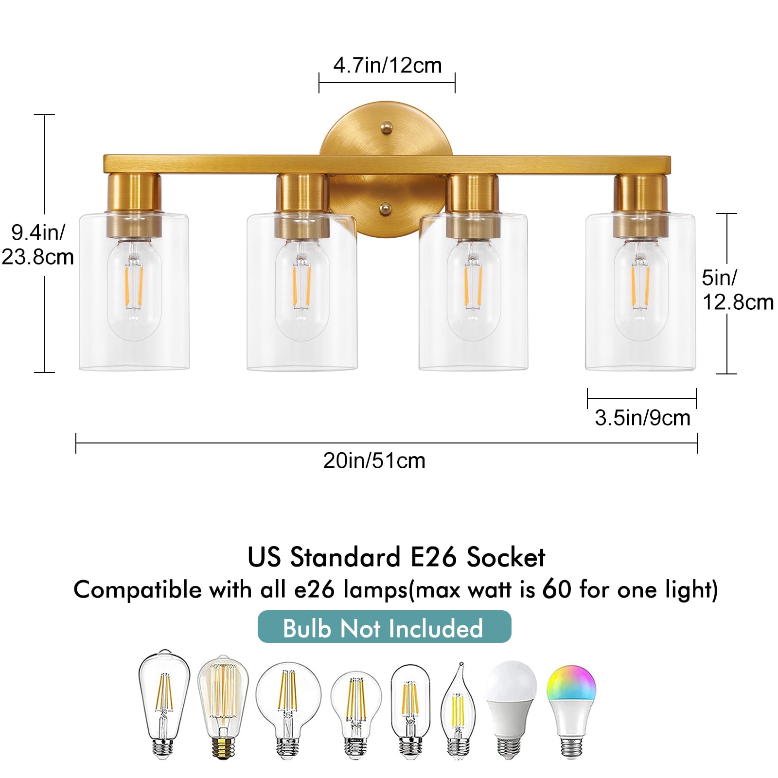 Hdasic 4 Light Gold Bathroom Vanity Light  Brushed Brass Bathroom Light Fixtures With Clear Glass Shade  Modern Wall Lamp Sconce Lighting For Bath Mirror Bedroom Living Room Hallway Porch