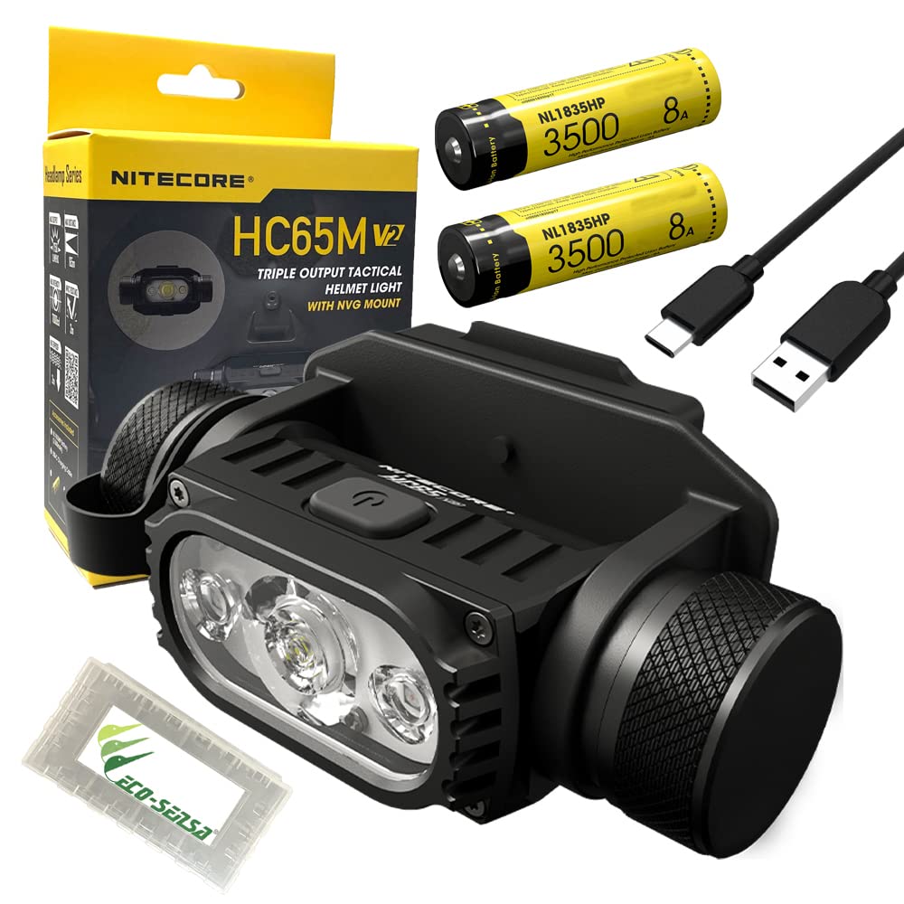 Nitecore Hc65M Uhe Headlamp Ultra High Triple Output Metal Tactical Rechargeable Headlamp -2000 Lumens W/Extra Nl1835Hp, Eco- Sensa Usb-C Cable & Battery Case Included