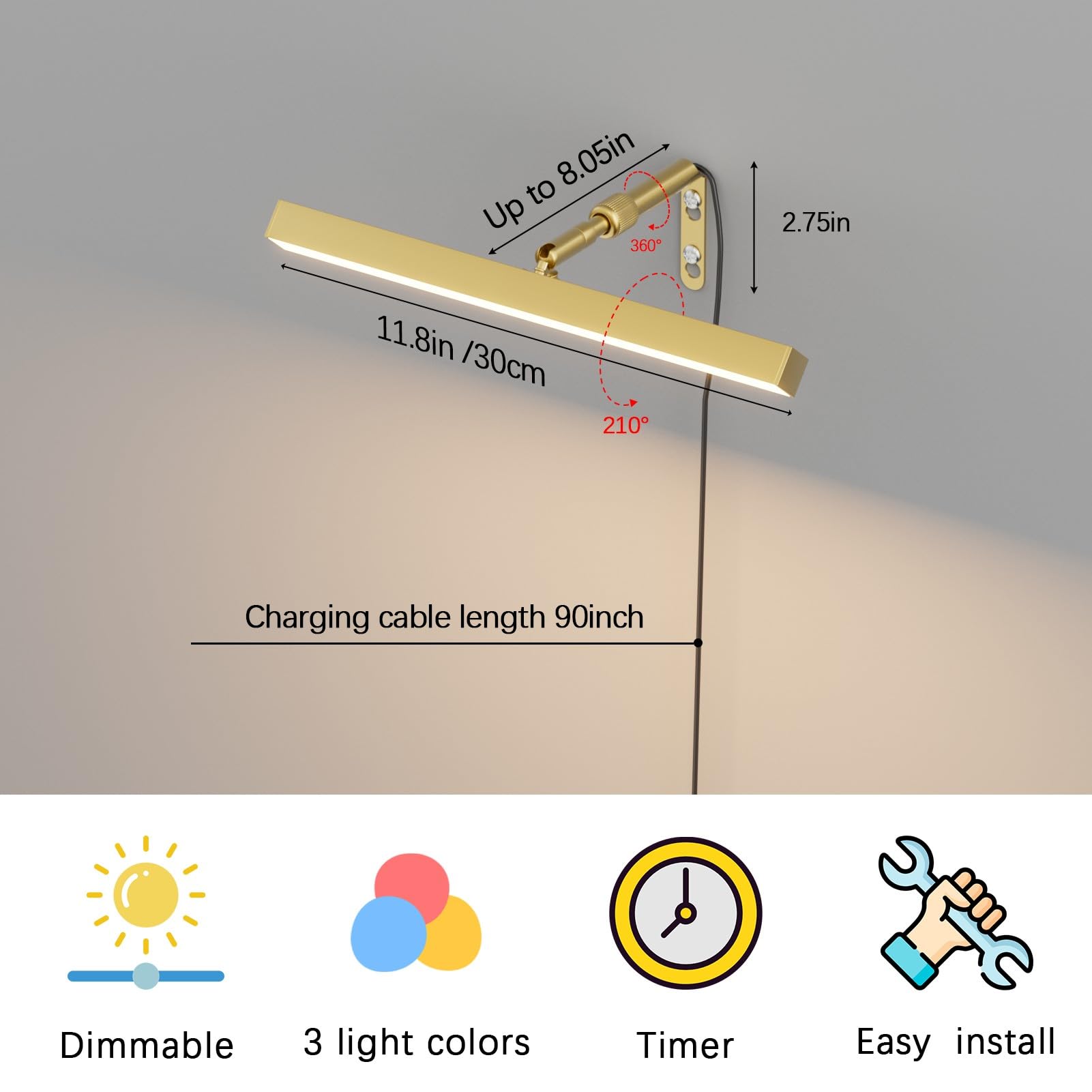 Coinmit 4W Plug In Picture Light For discomfort-reducingtings With Remote Control  12 Led Art Display Lighting For Gallery  Dartboard  Artwork  Gold Wall Mounted Picture Frame Light