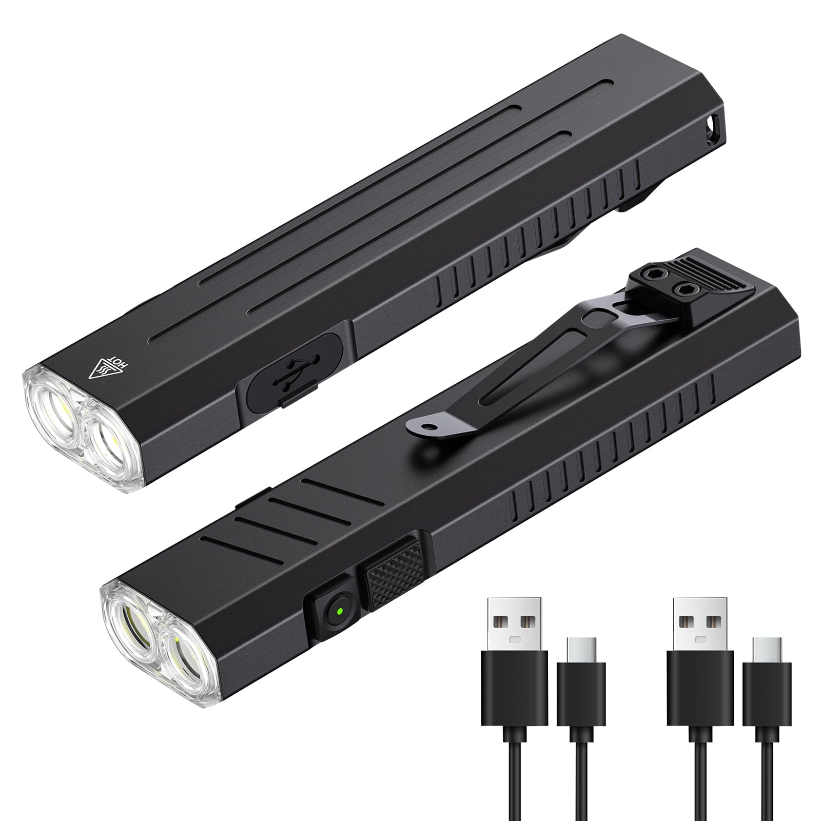 2pack Rechargeable EDC Flashlight - Emergency One Click Strobe Mode, 1600 High Lumens Portable Pocket light Mini Flashlight , Ma
