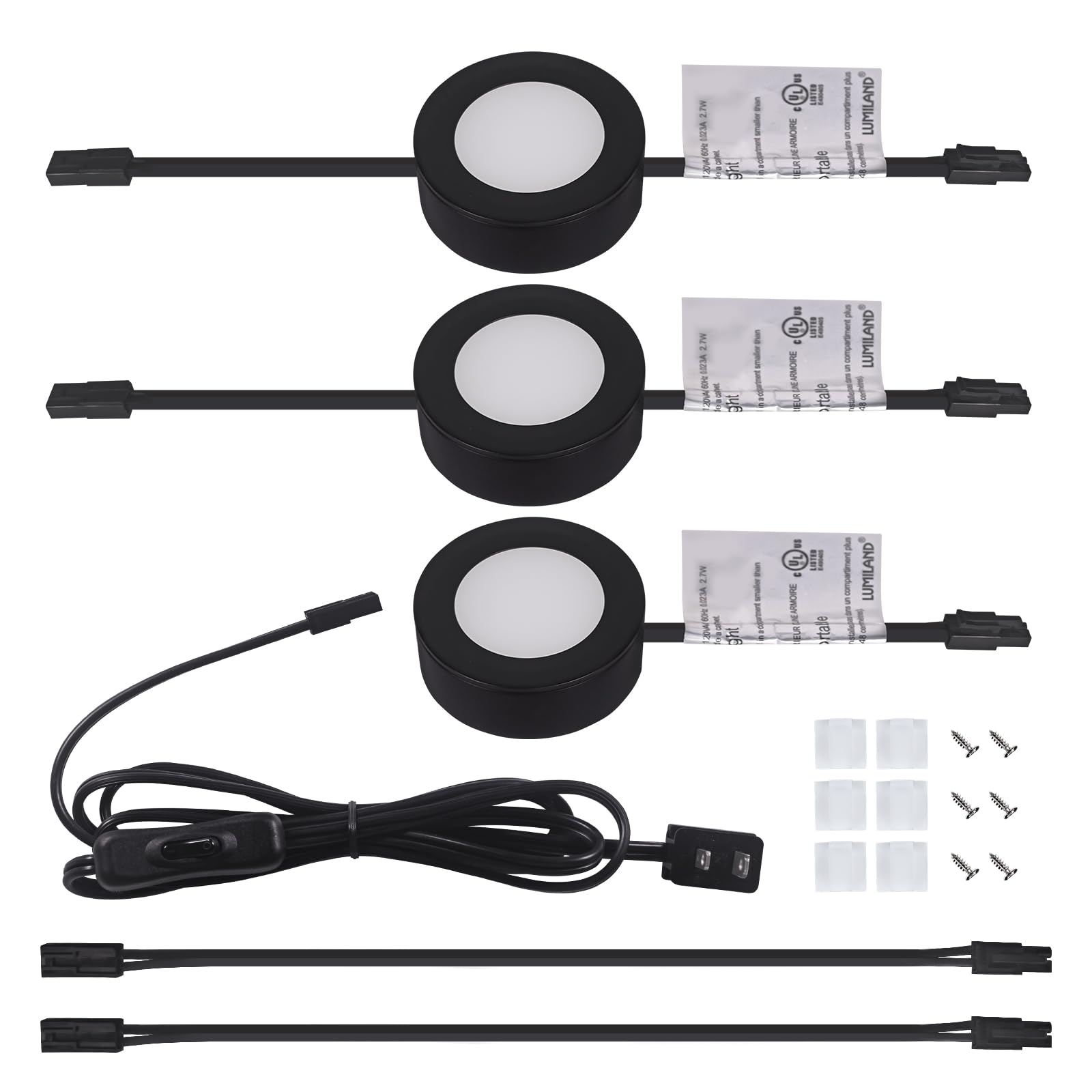 LUMILAND Wired LED Puck Lights, Warm White 3000K, Plastic, Surface/Recess Mount, Black, Model GD1103