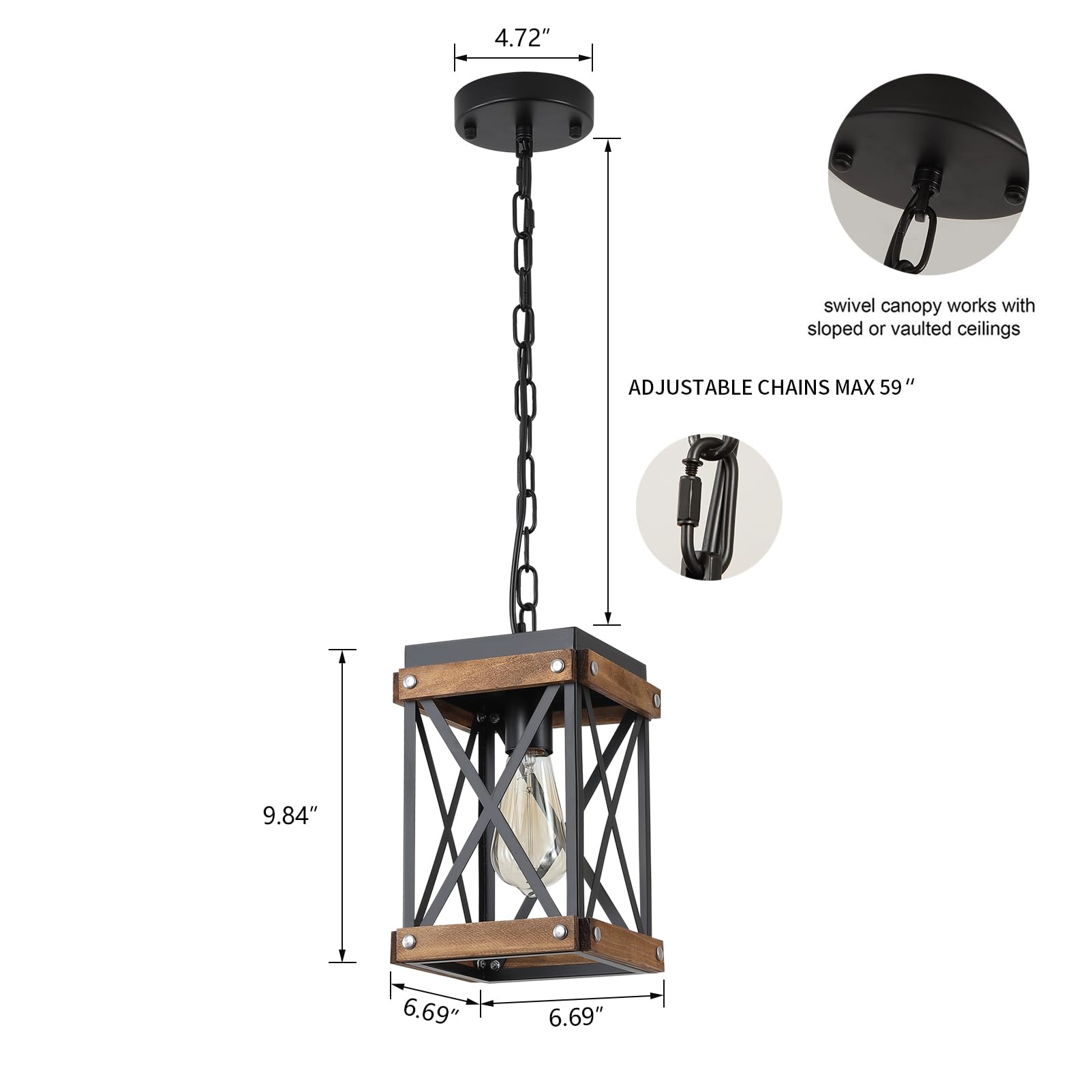 2 Pack Rustic Farmhouse Wood Pendant Light Fixture One-Light Adjustable Chain Oak Wood And Metal Lantern Cage Small Pendant Lighting For Kitchen Island Sink Hallway Farmhouse Bathroom Bar  Black